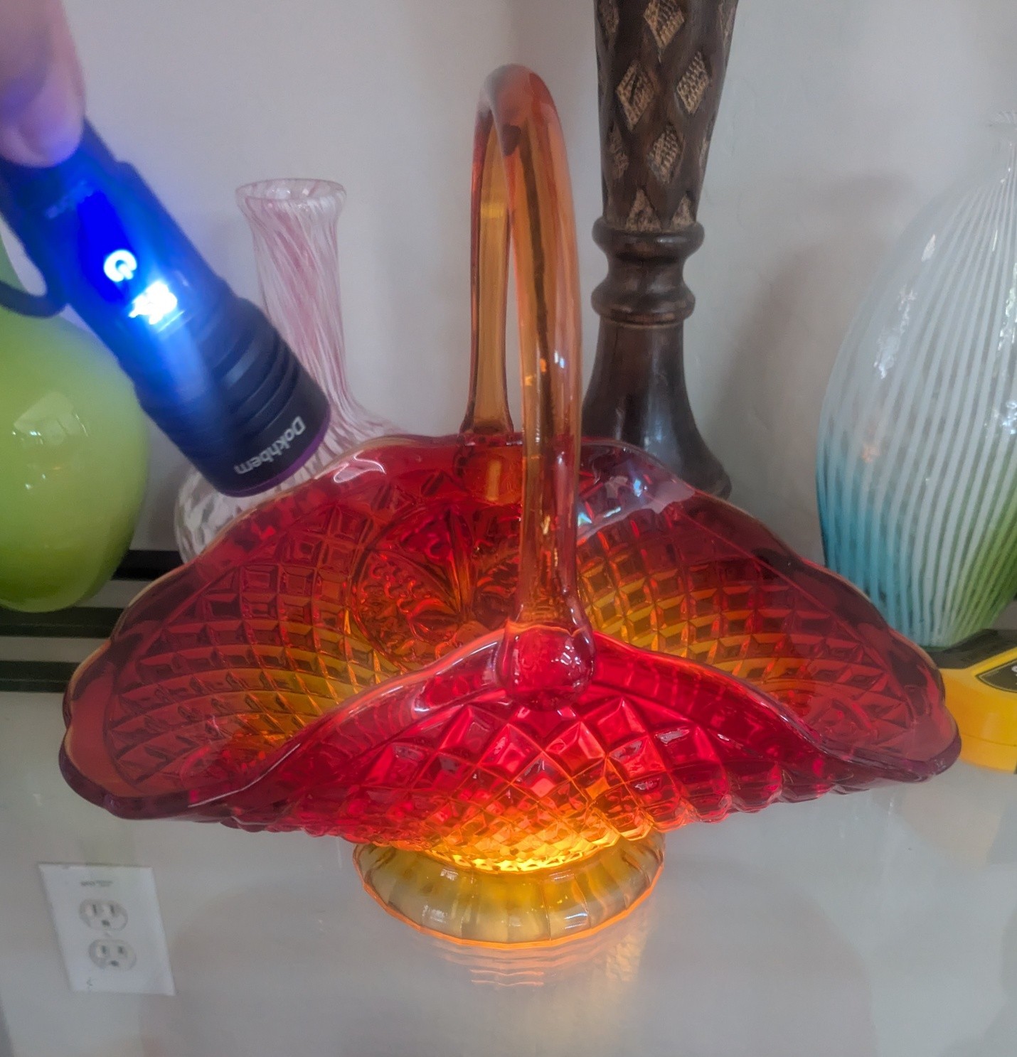 Vtg Indiana Glass Amberina Canterbury Sunset Fruit Diamond Point Basket Large