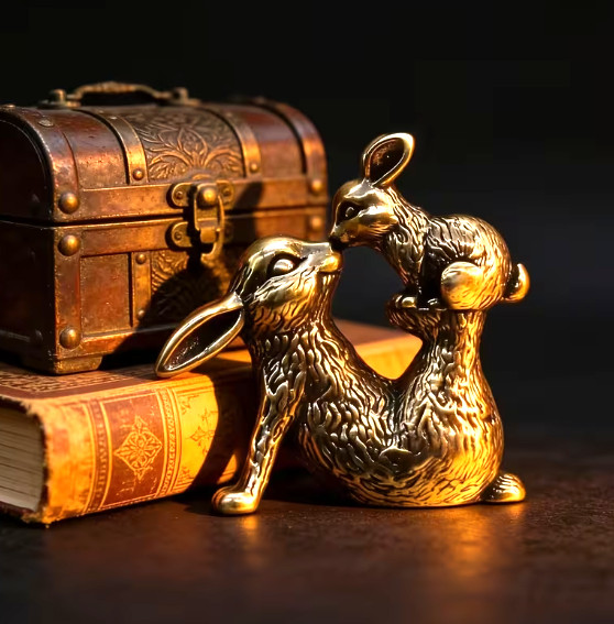 BRASS MINITURES- Solid Brass Mother Rabbit And Baby