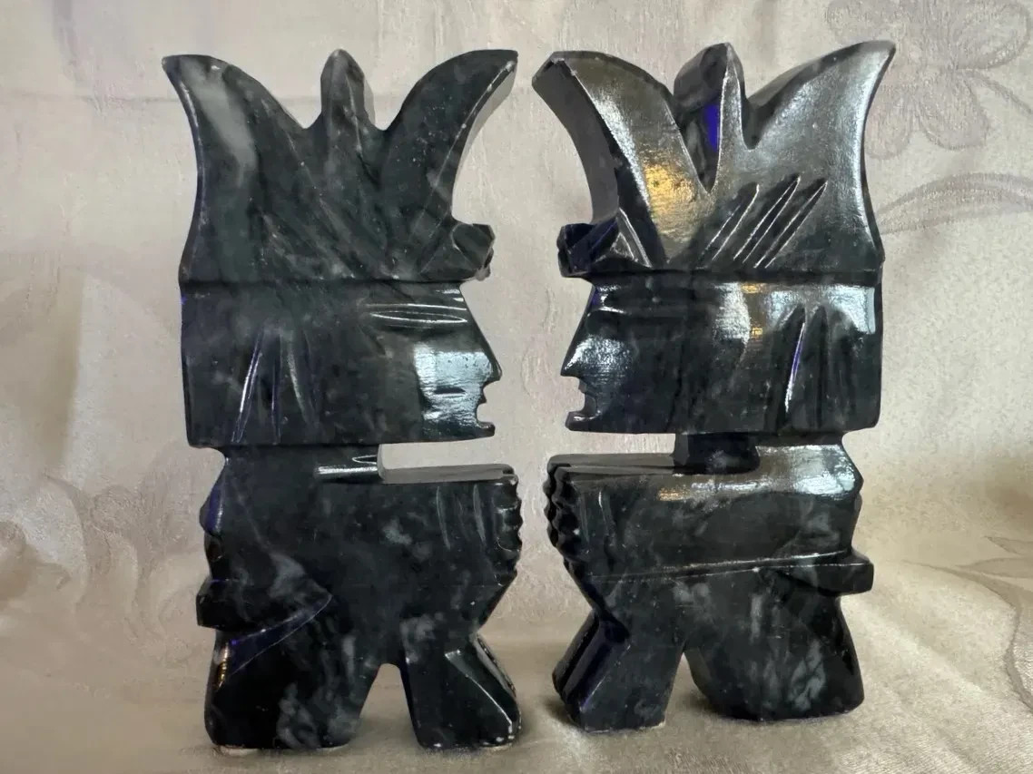 Vintage Onyx Tellez Black Aztec Bookends & Marble Desk Box  MCM Set Tecali 4pc