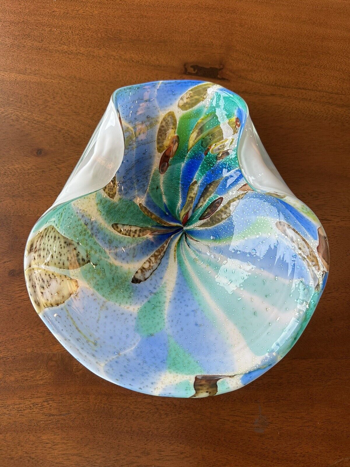 Murano Art Glass Tutti Frutti Bowl Ashtray Dish Green / Blue / Brown/ Silver 8