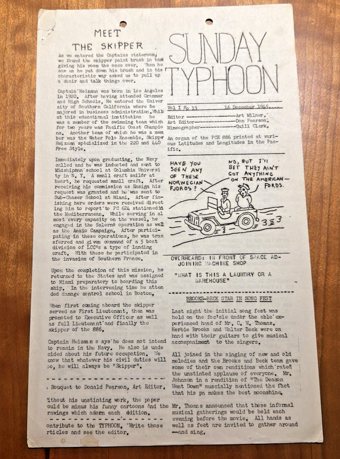 RARE December 16, 1945 Daily Typhoon PCE-886 Banning Pacific WWII George Patton