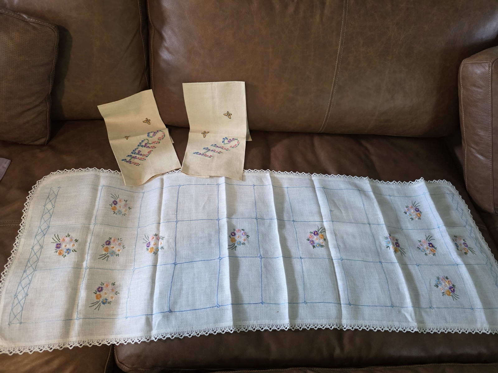 Vintage Embroidered Table Runner & 2 Embroidered Hand Towels