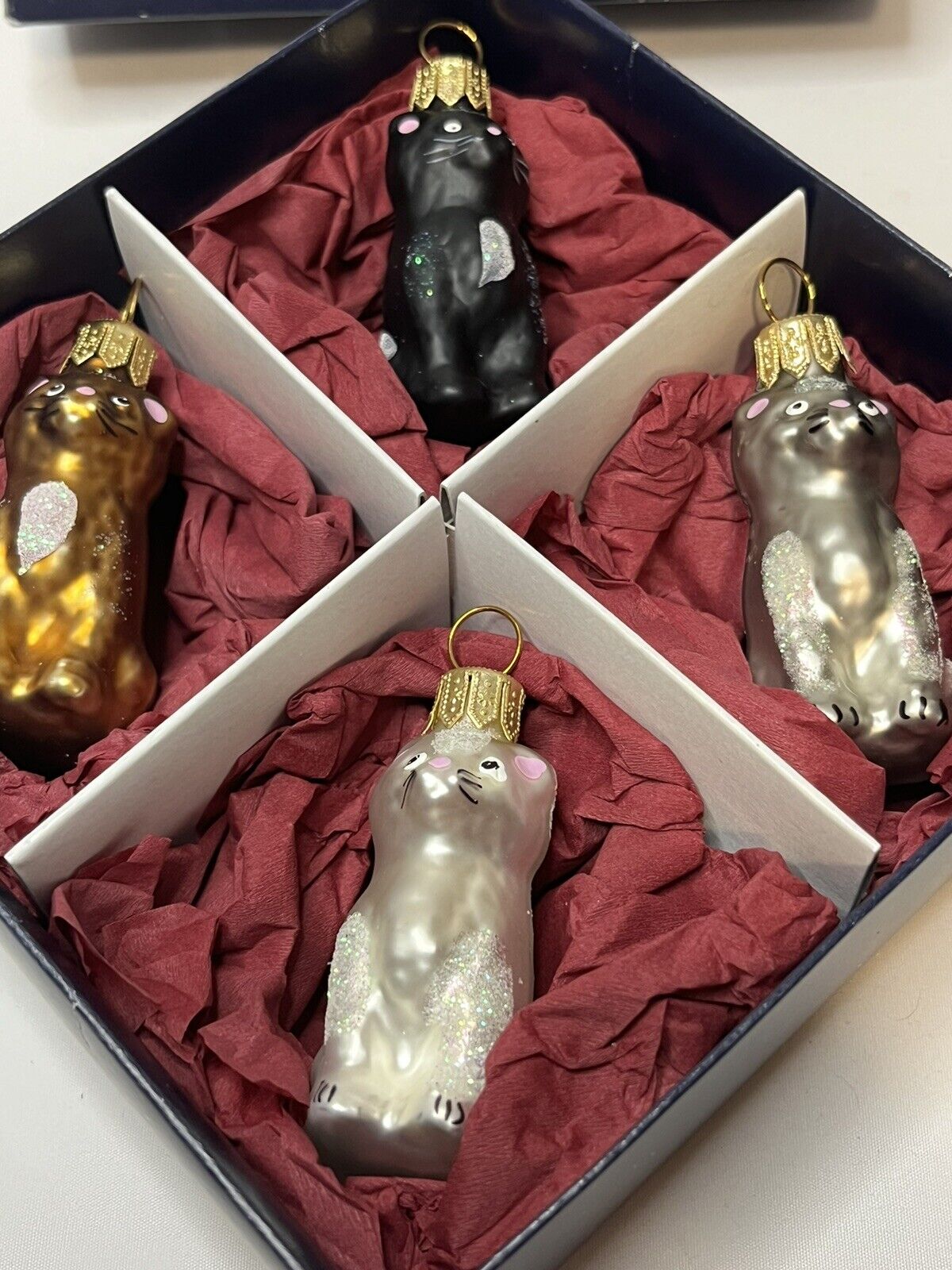 Vintage Mouth Blown Set Of 4 Poland Glass Mini Cat Christmas Ornaments In Org Bx