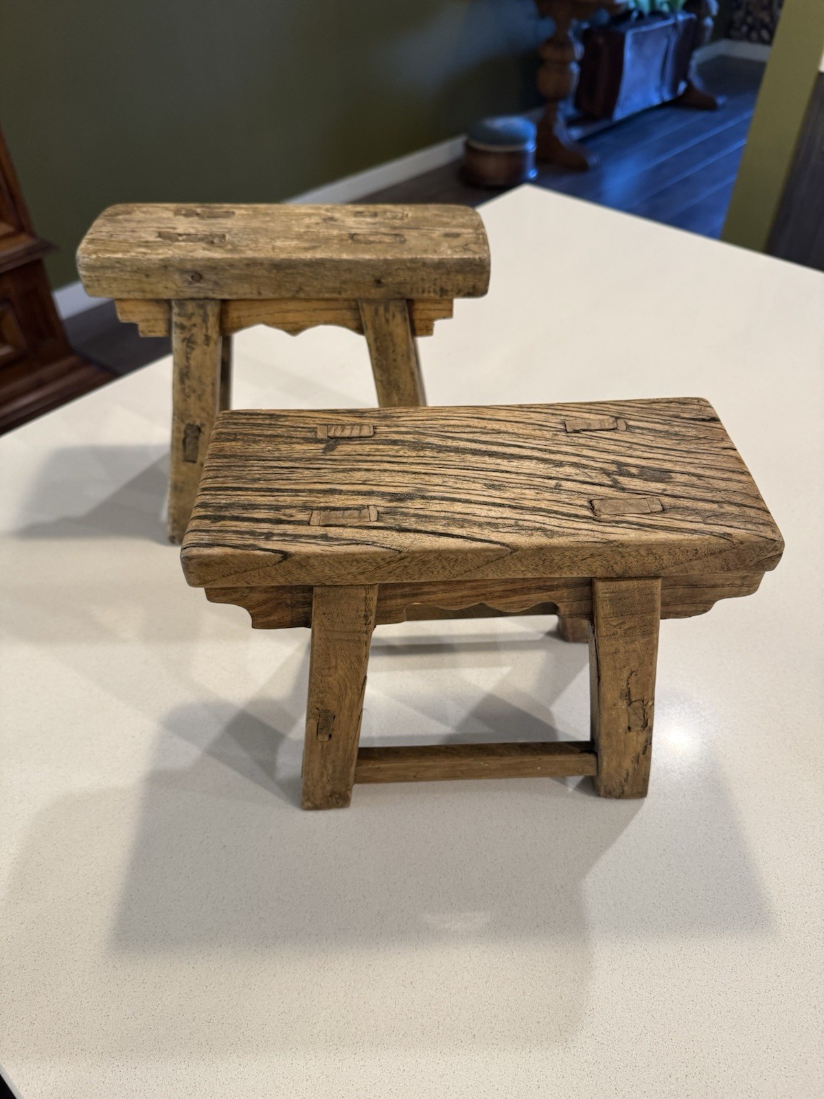 Pair Primitive Rustic Wooden Stools Plant Stands Farmhouse Cabin Decor Handmade 