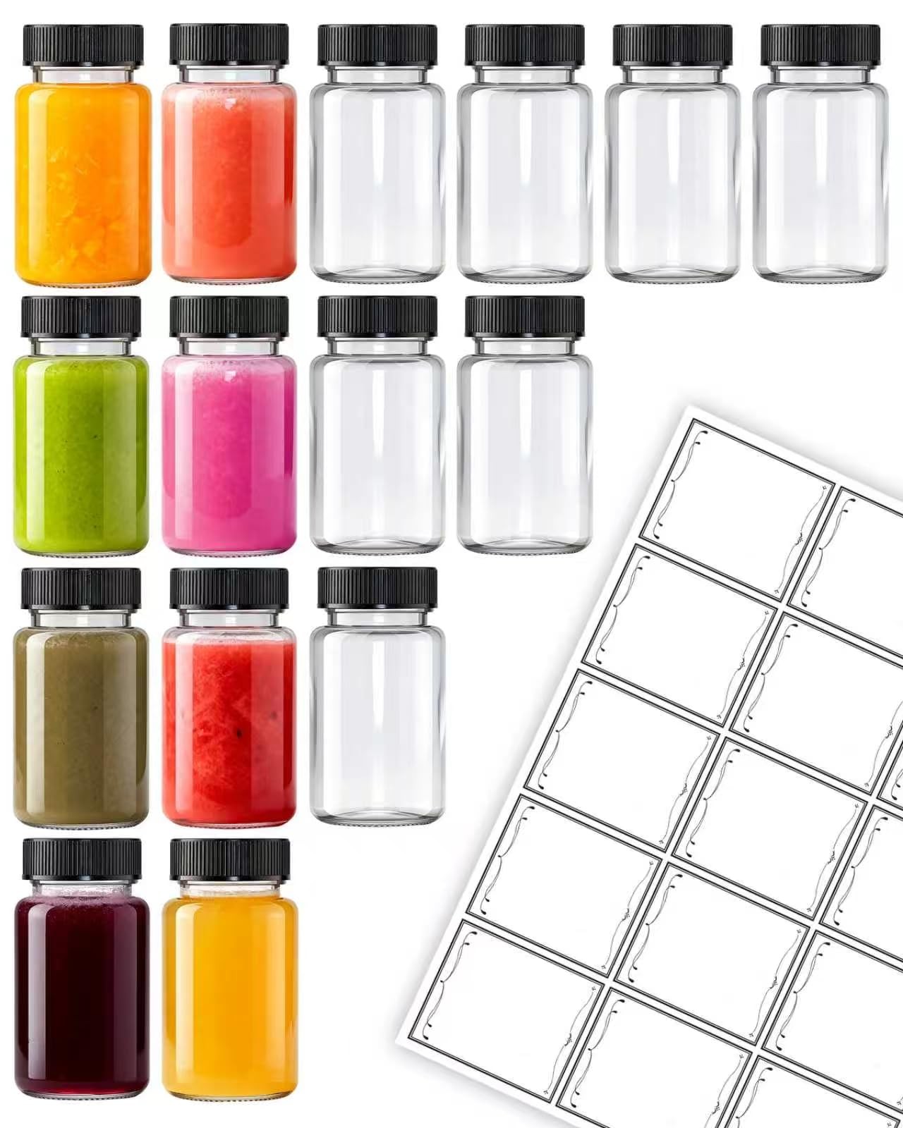 15 Pcs 2 Oz Glass Juice Shot Bottles With Black Caps & 15 Labels, Reusable Sm...