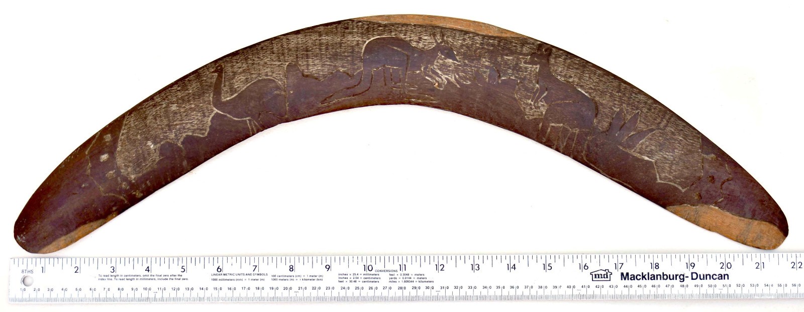 Vtg c. 1950 Boomerang Aboriginal Australia - Emu, Kangaroos - Mulga Wood - 22