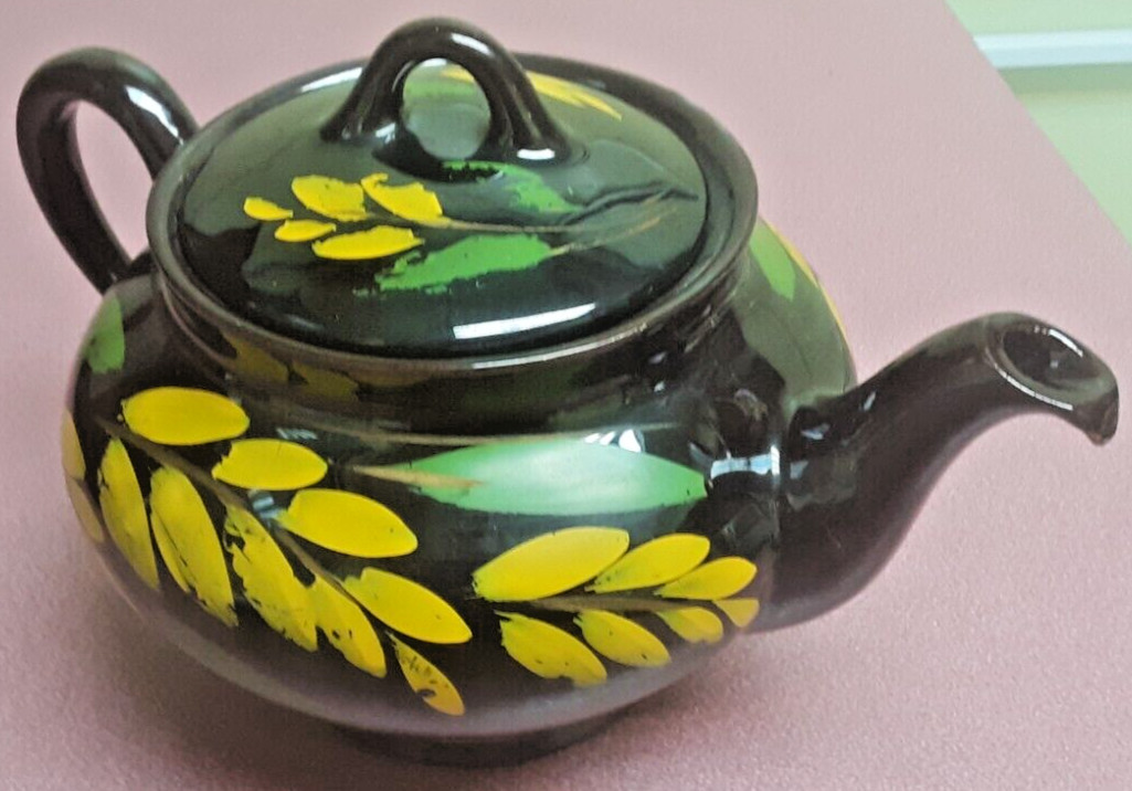 Royal Canadian Art Pottery Ceramic Teapot - Black Base w/ Yellow & Green Leaves