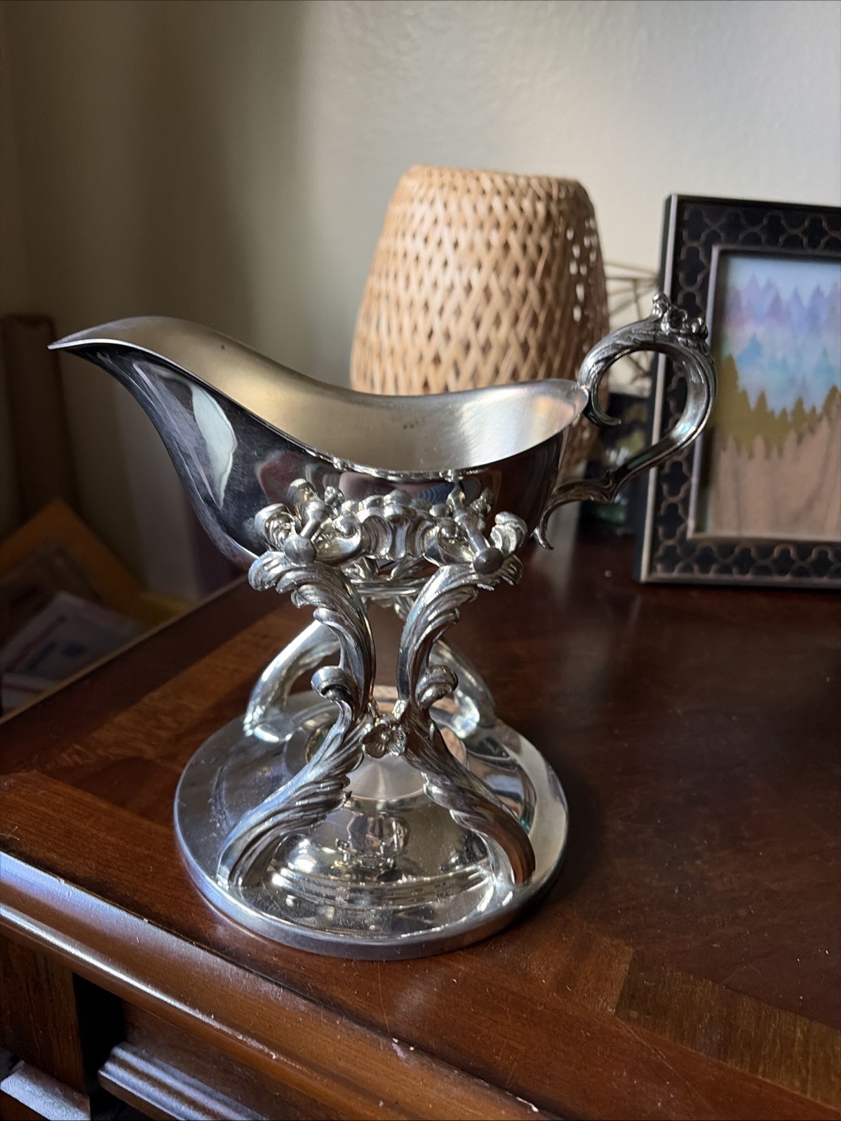 Vintage EB ROGERS Silver Plate Gravy Server Boat W/Candle Warmer Cradle Stand