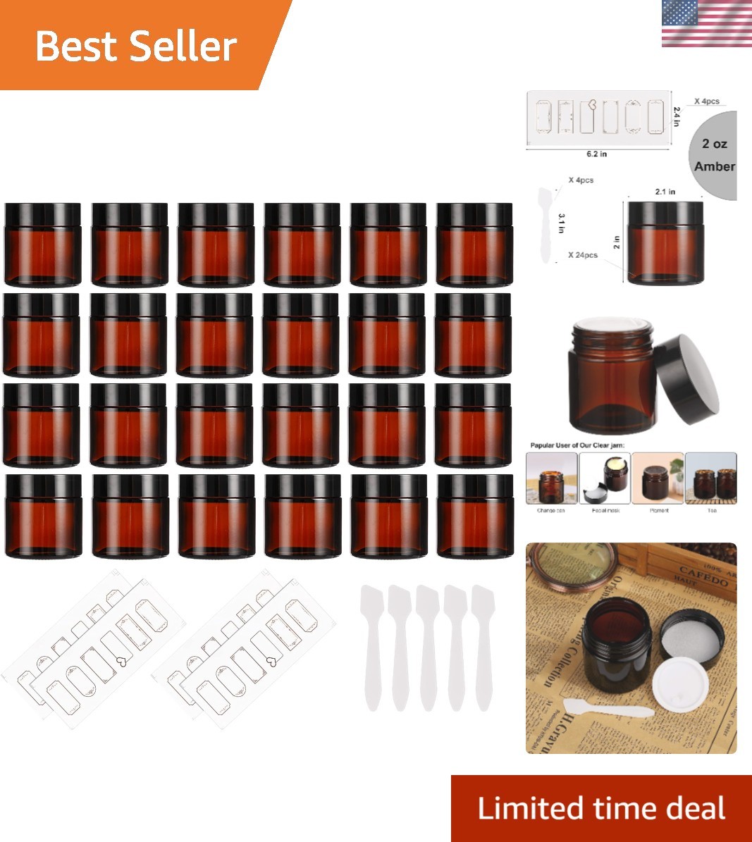 High-Quality 2oz Amber Glass Jars Set with Spatulas & Labels - Must-Have Storage High-Quality 2oz Amber Glass Jars Set with Spatulas & Labels - Must-Have Storage