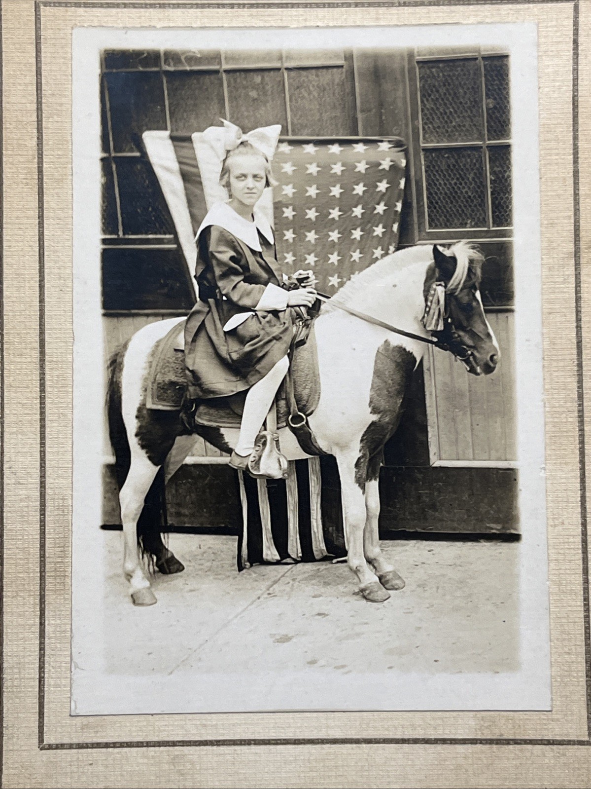 Antique Girl On Pony W/ American Flag Cabinet Card Photo Patriotic Child 1900s Antique Girl On Pony W/ American Flag Cabinet Card Photo Patriotic Child 1900s