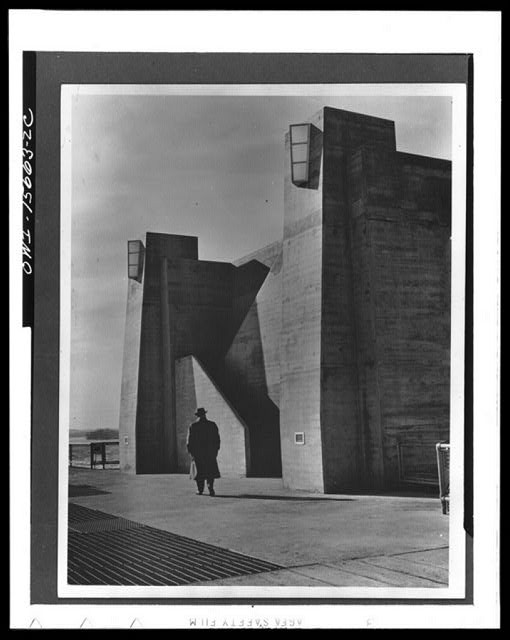 Photo:1940s Modernist Concrete Building Man in Hat Architectural Photo