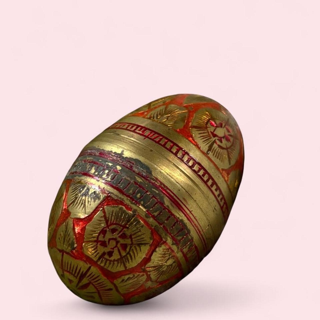 Vintage Brass Engraved Trinket Box Red Enamel Screw Top Keepsake Boho Decor