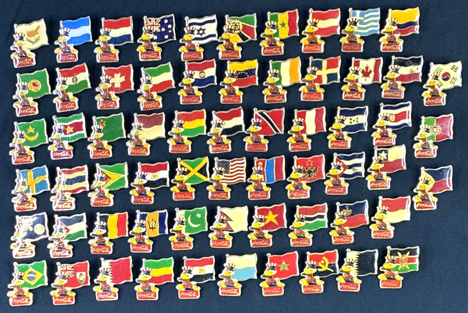 Vintage 1984 LA Olympics Coca Cola Sam Eagle Flag Lapel Pins Lot of 63