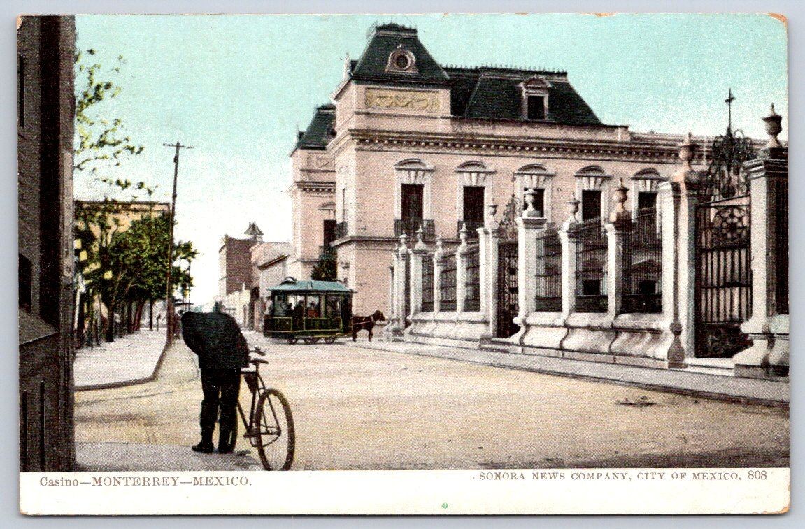 Antique Mexico Postcard MONTERREY Casino Horse Drawn Trolley 1900s