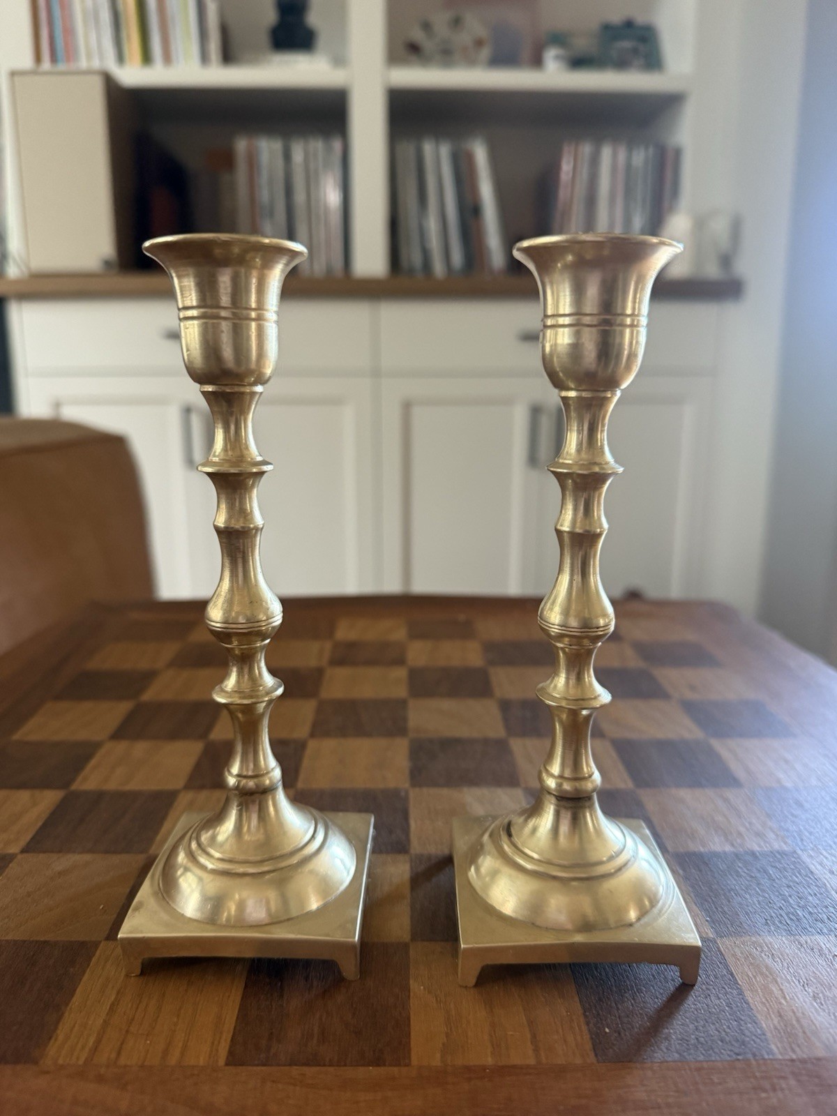 Vintage Set of 2 Solid Polished Brass Candlestick Candle Holders Square Bases
