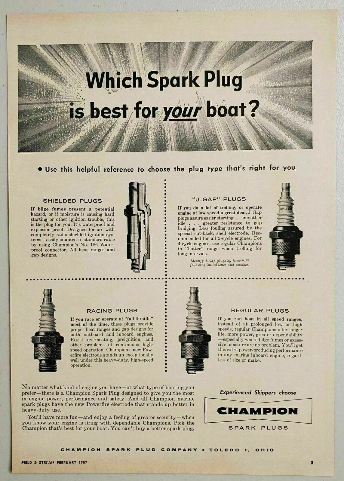 1957 Print Ad Champion Spark Plugs Toledo,OH Which is Best For Your Boat?