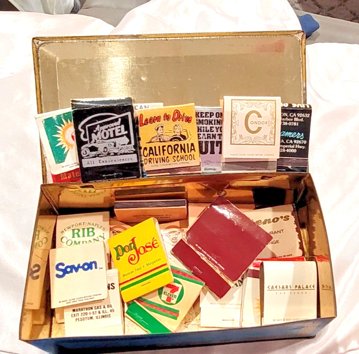 Vintage Advertising Matchbook Lot in Johnston's Chocolates Blue Gold Tin Box