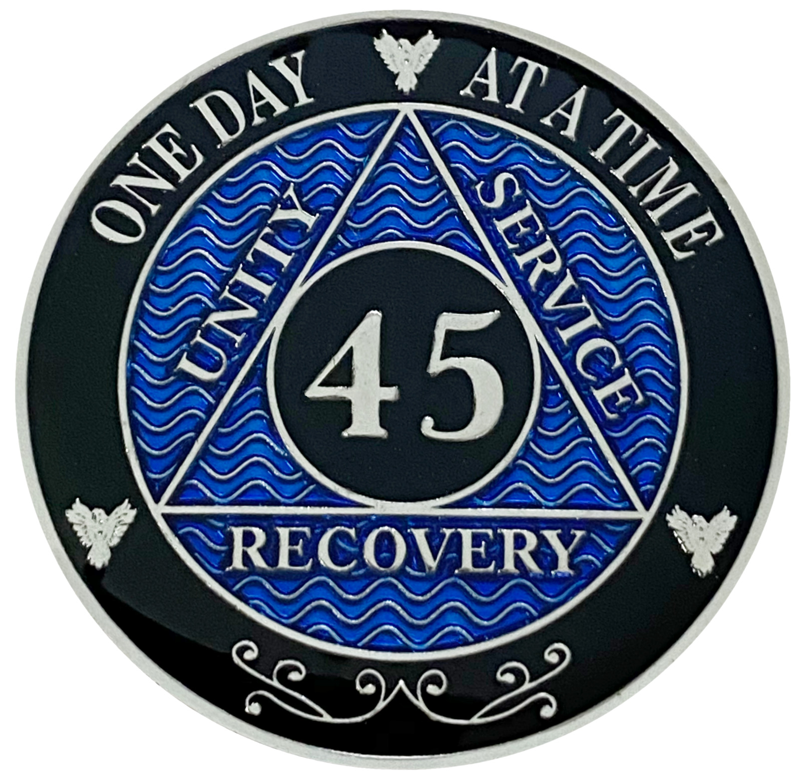 AA 45 Year Coin Blue, Silver Color Plated Medallion, Alcoholics Anonymous Coin