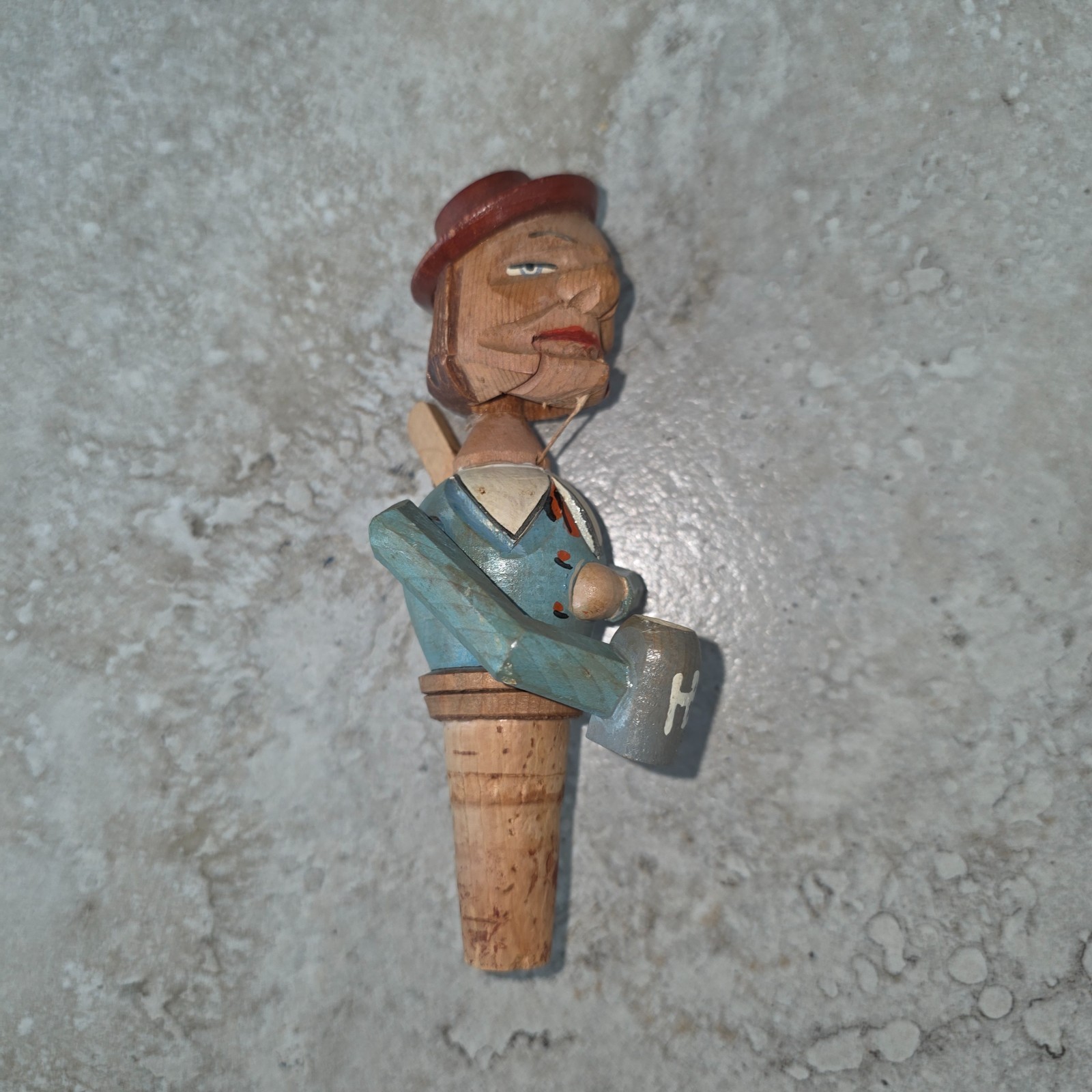 Vintage Made In Germany Man Bottle Stopper - Hand Carved Painted Wood - 6\