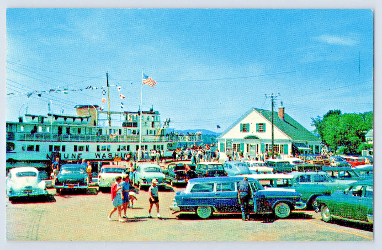 Wolfeboro NH New Hampshire Scene People Old Cars Steamer At Dock VTG Postcard