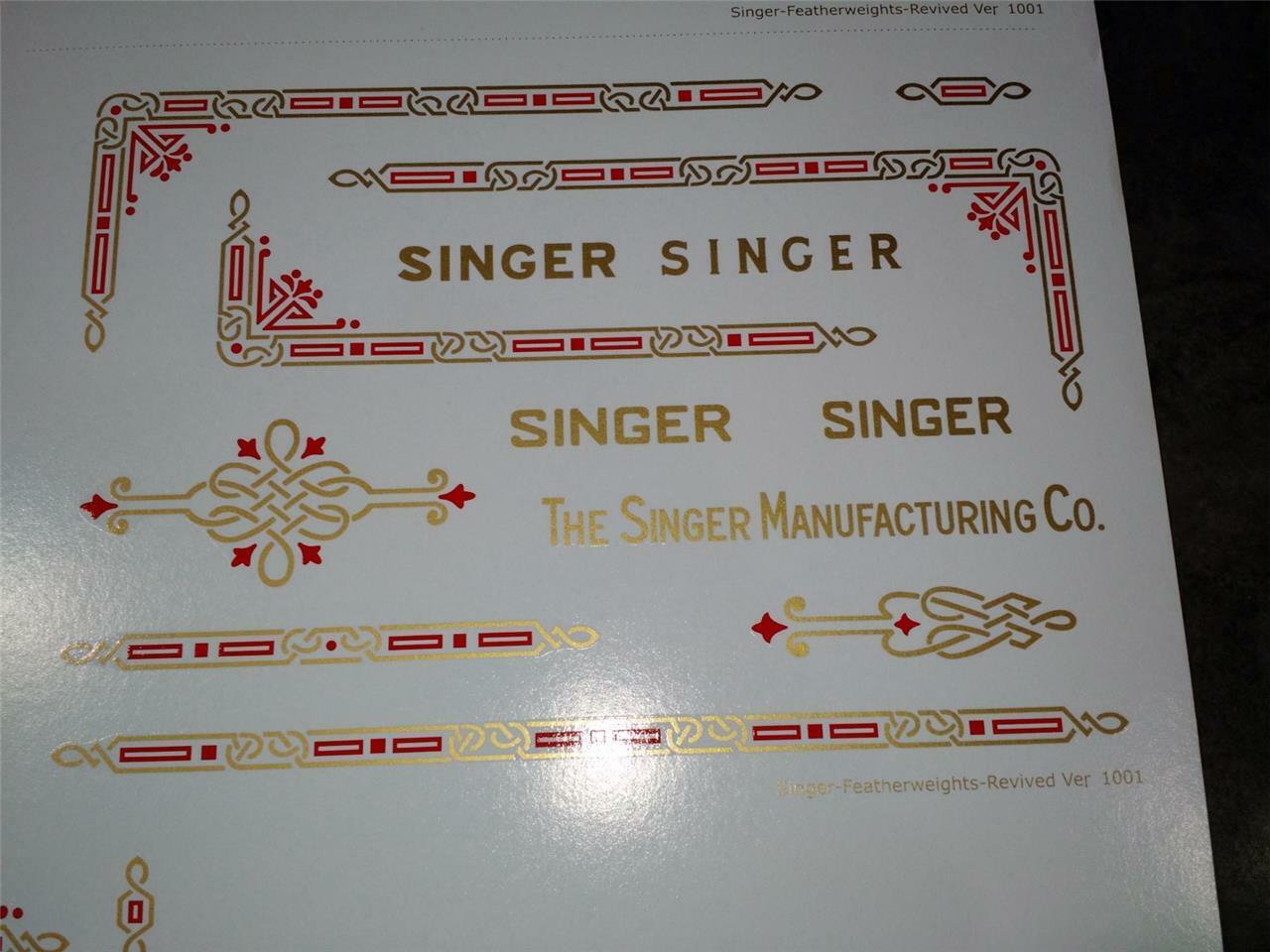 SINGER FEATHERWEIGHT GOLD W/RED INLAY **PRE TRIMMED** DECALS / SCREEN PRINTED