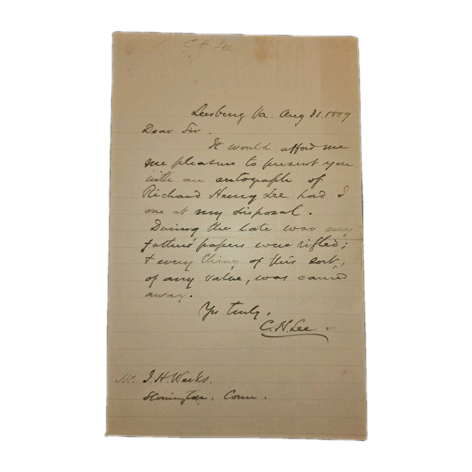 C.H. Lee Signed 1889 Letter – Richard Henry Lee Family – Idlewild Stationery