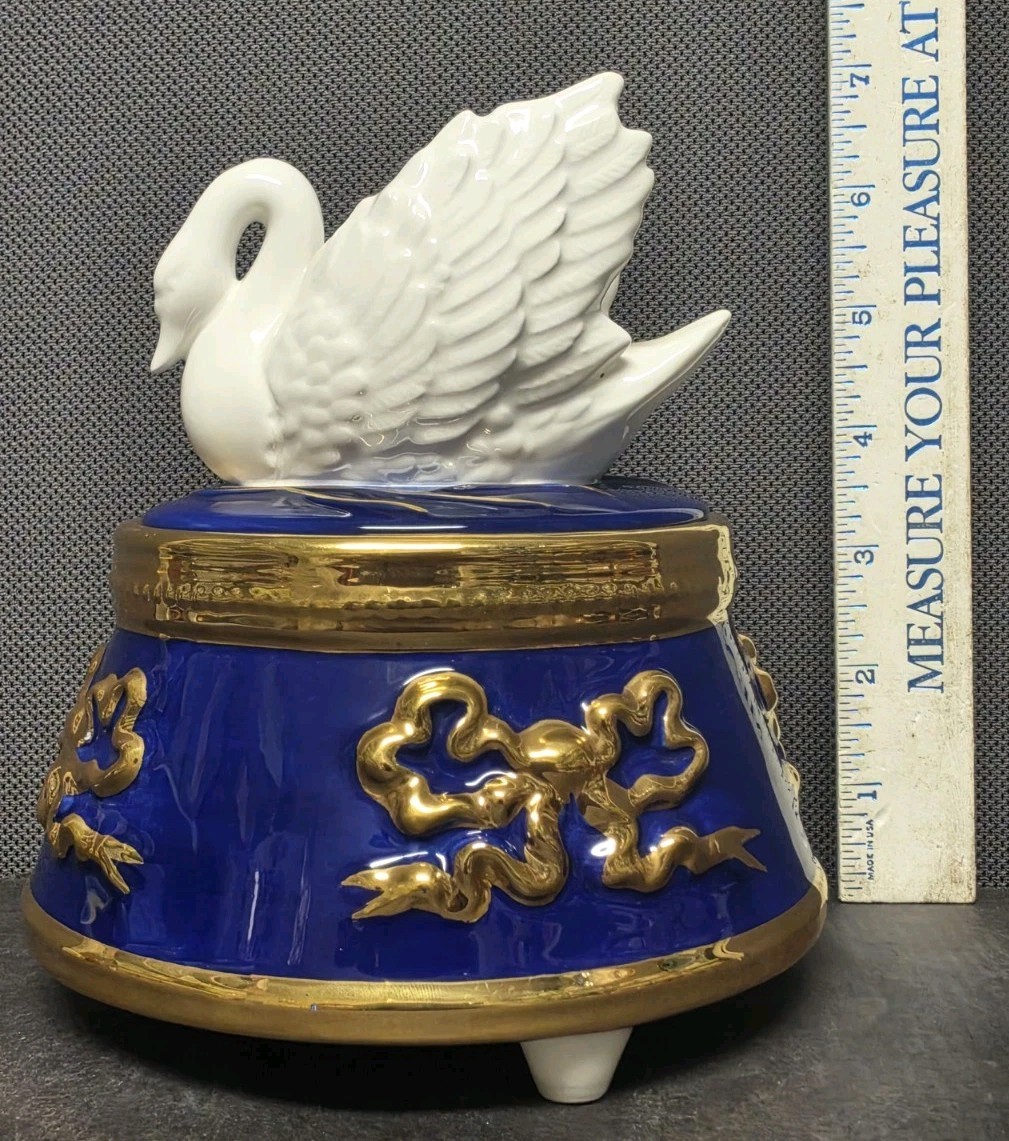 Vtg Teleflora Porcelain Swan Lake Music Box Trinket Jewelry Blue & Gold *READ*