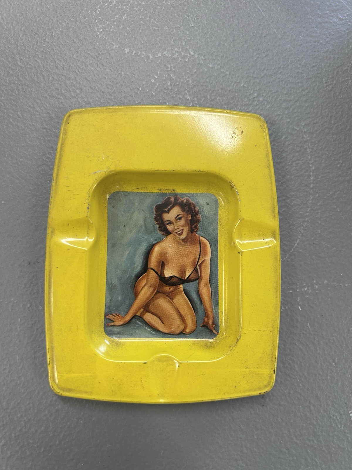 Vintage 1950s Pinup Tin Litho Advertising Ashtray Glamour Girl Sexy Risque Dish