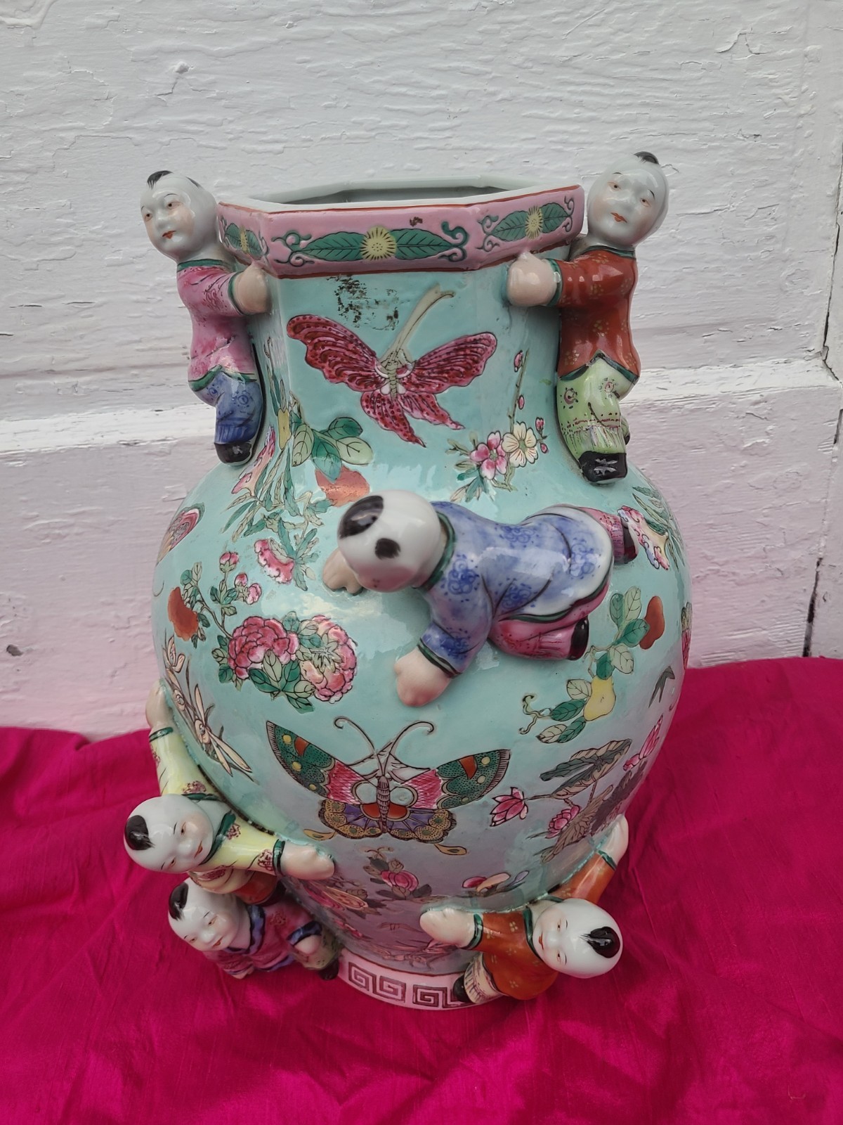 Chinese Famille Rose Fertility Turquoise Porcelain Vase Floral & Butterfly 14x9