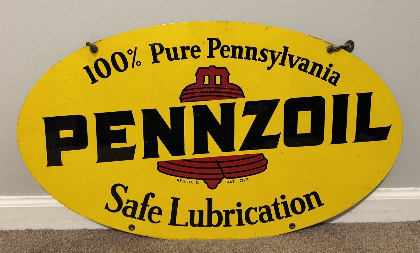 VTG Large 1970 Pennzoil Motor Oil Oval Advertising Sign Double Sided - 31x18