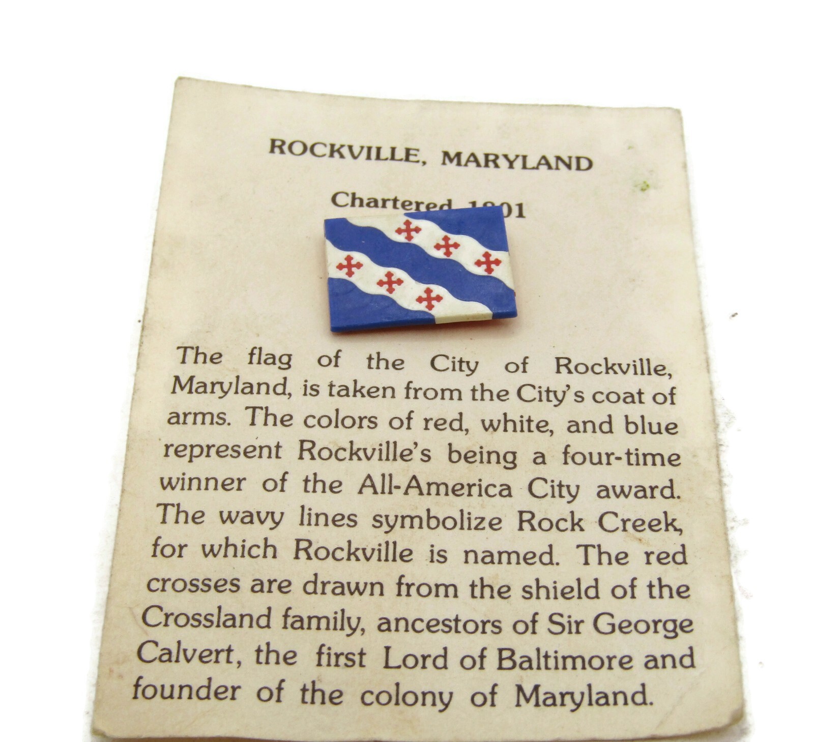 Vintage Rockville Maryland City Flag Lapel Pin Souvenir on Original History Card