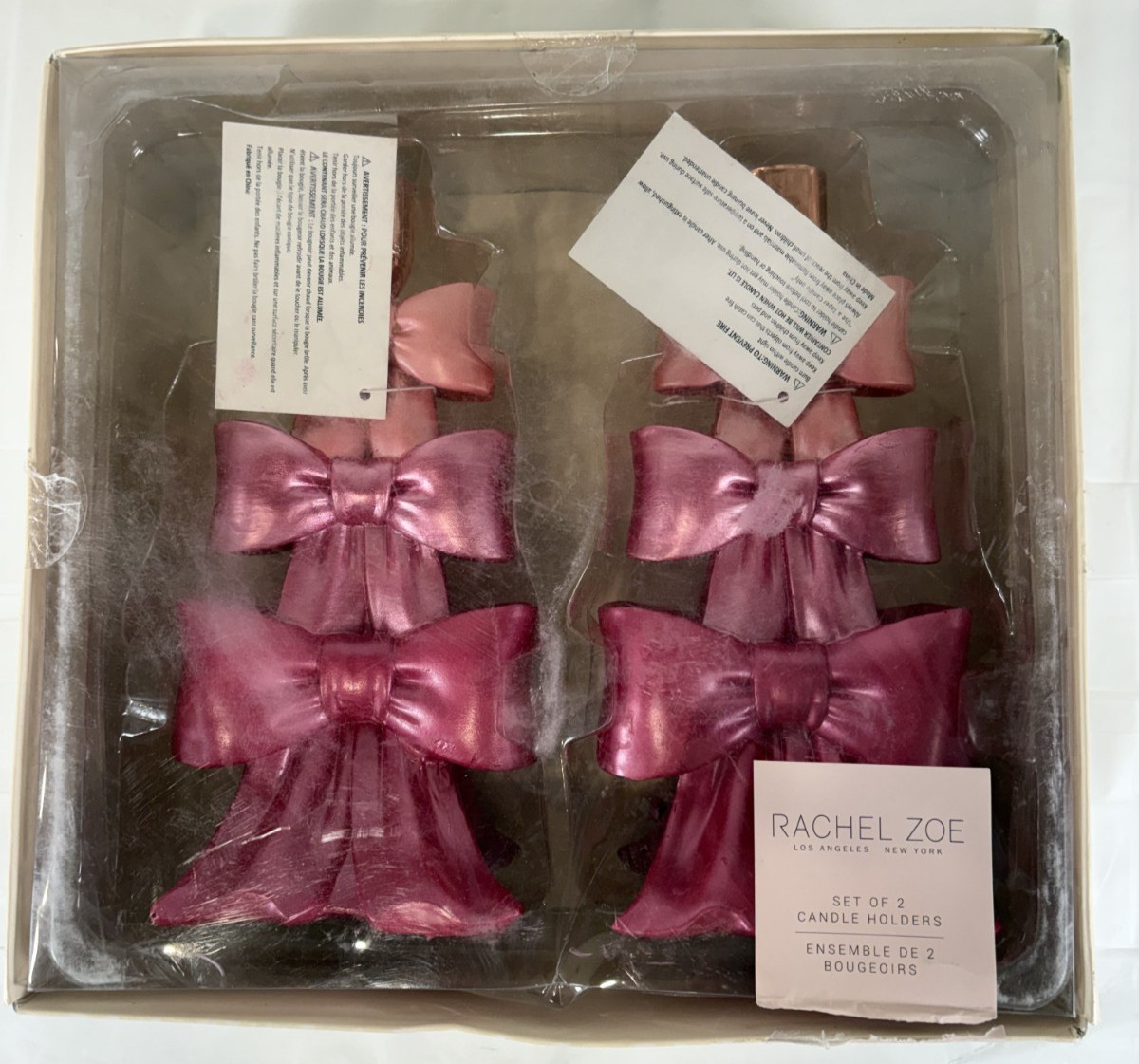 Valentine’s Day 2 Pc Rachel Zoe Pink Ombre Bows Rose Gold Candlesticks New
