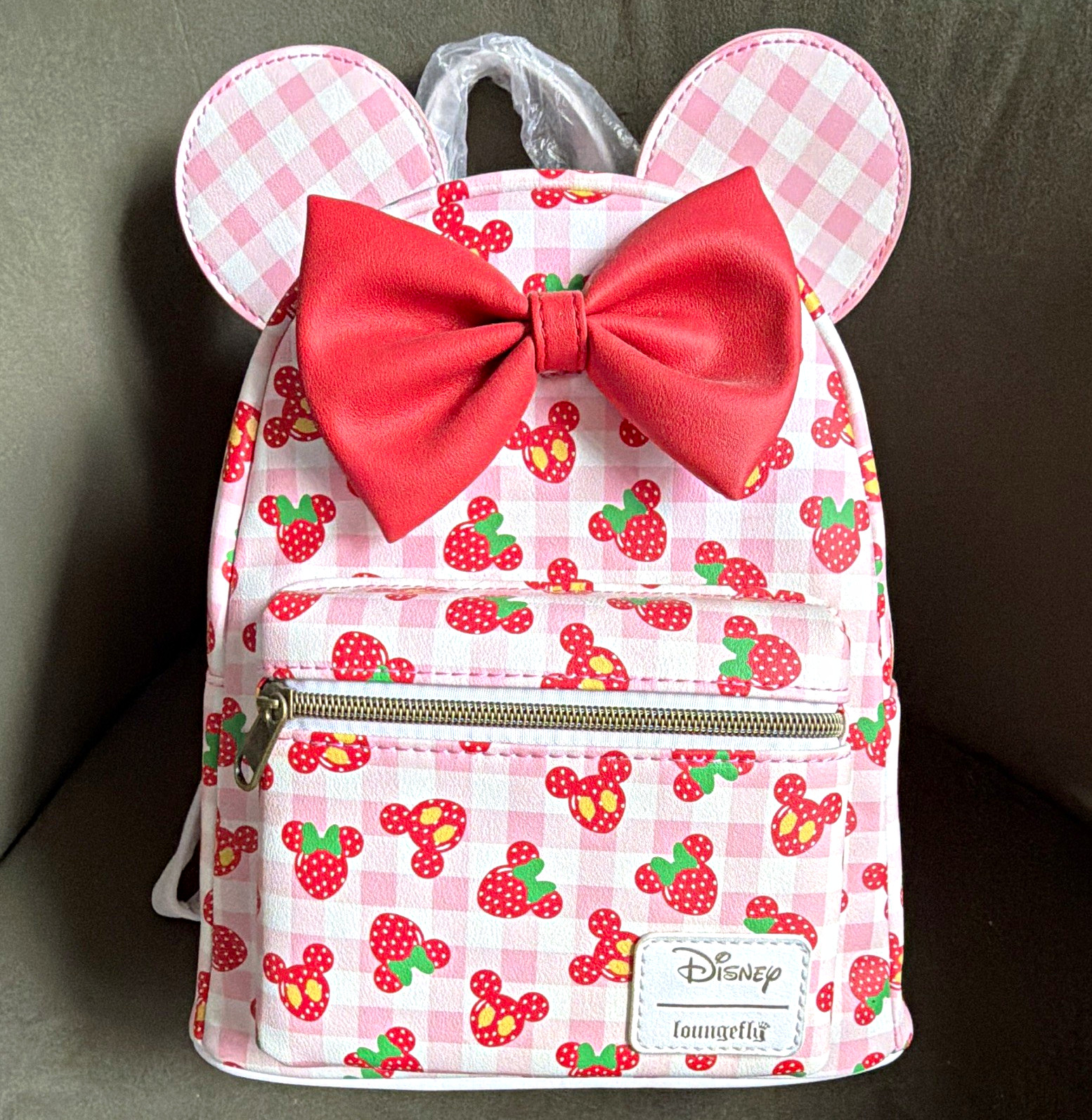 Loungefly Disney Minnie Mouse Strawberry Print Pink Gingham Mini Backpack