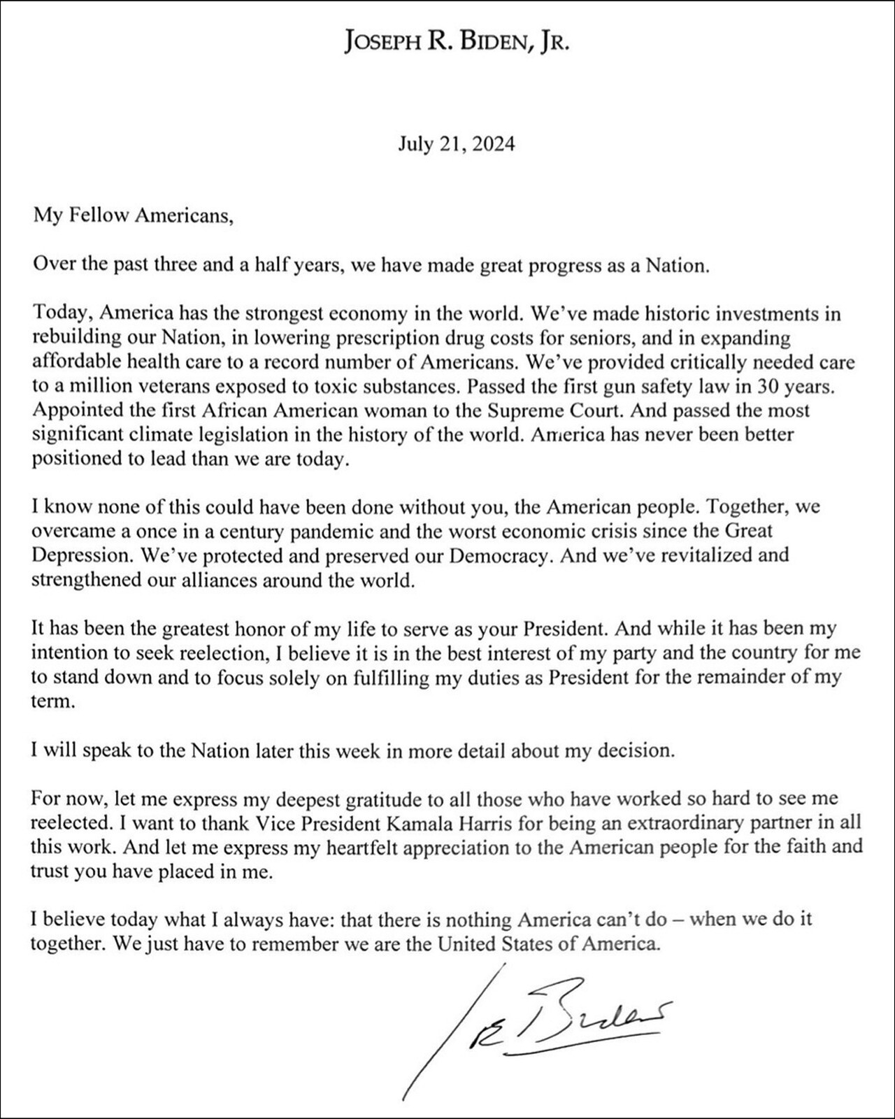 Biden Resignation Letter Reproduction