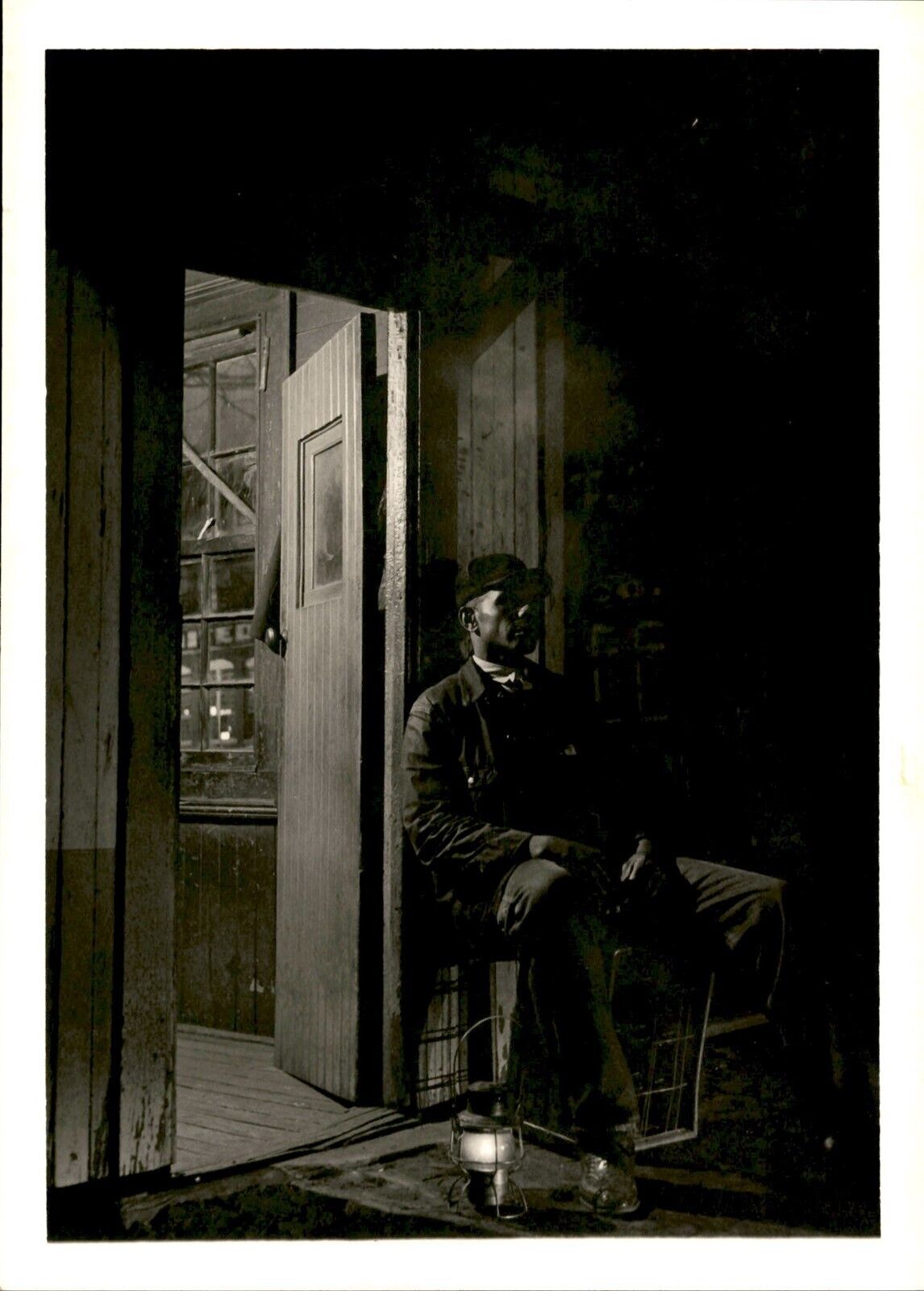 GA167 Original Photo NIGHT WATCHMAN Sitting at Door Kerosene Lamp Dark Portrait