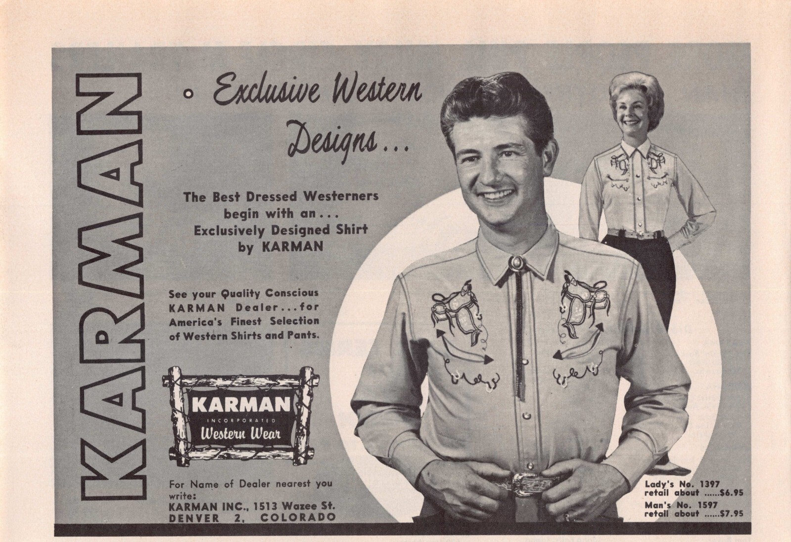 Karman Exclusive Western Cowboy Cowgirl Wear Denver CO Vtg Magazine Print Ad