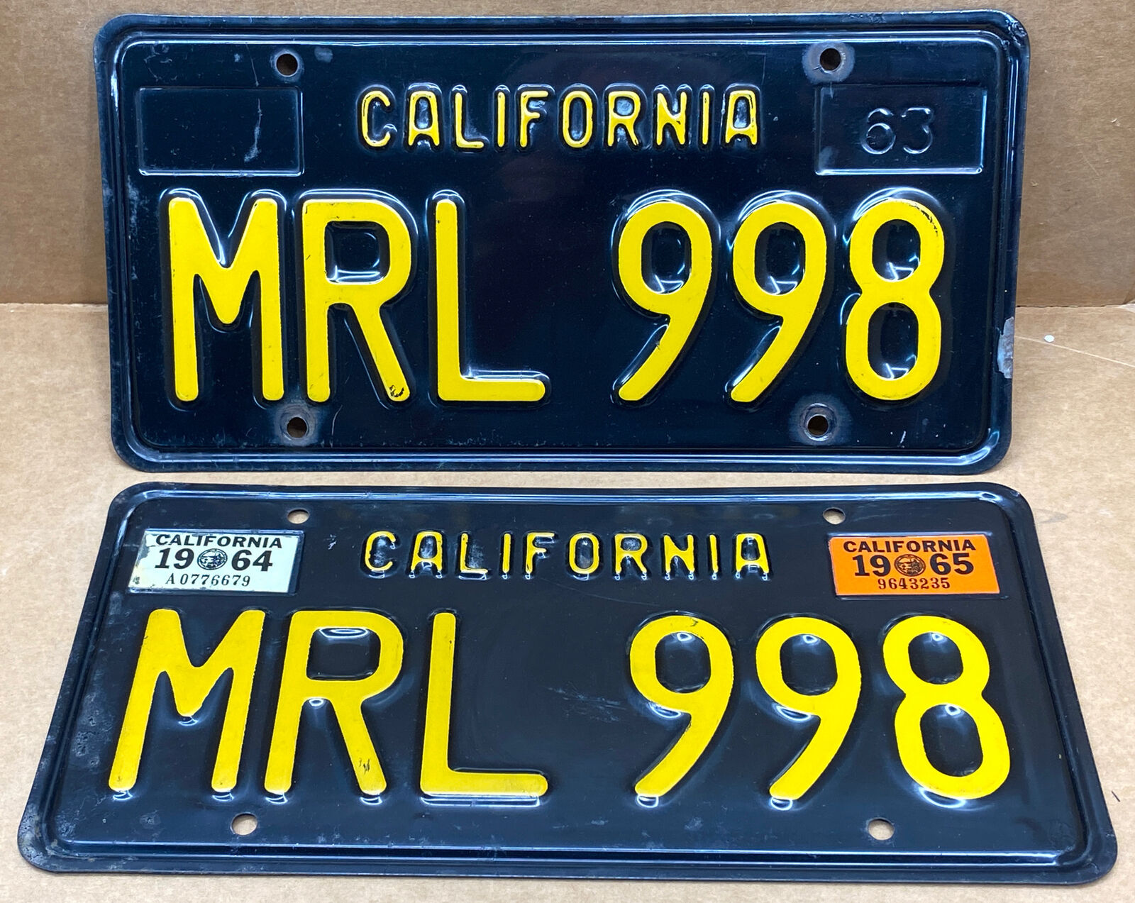 RARE PAIR 1963 DMV CLEAR-(CALIFORNIA)    MRL 998  LICENSE PLATE