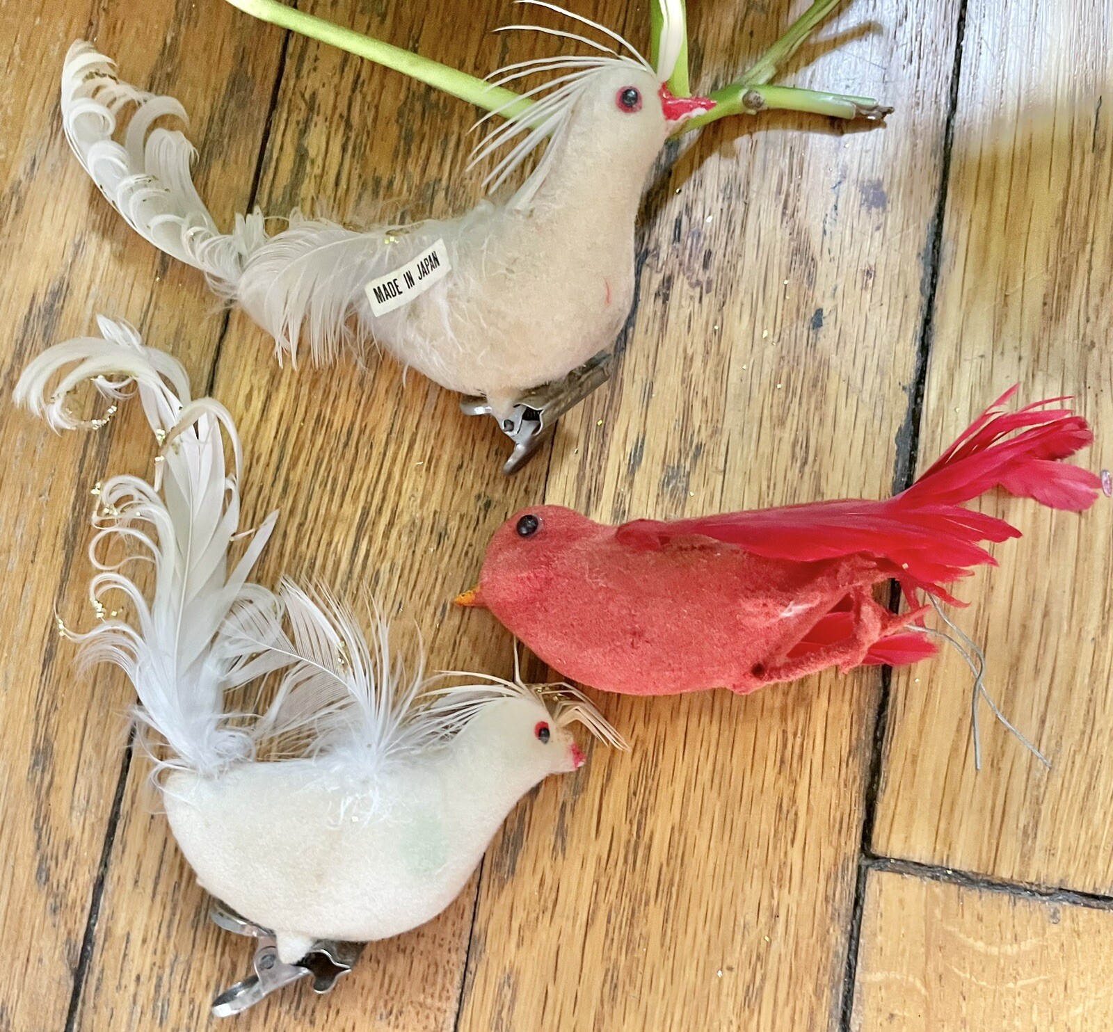 3 Flocked Bird Christmas Ornaments Big Feathers Japan Clip On & Wire Vintage Lot