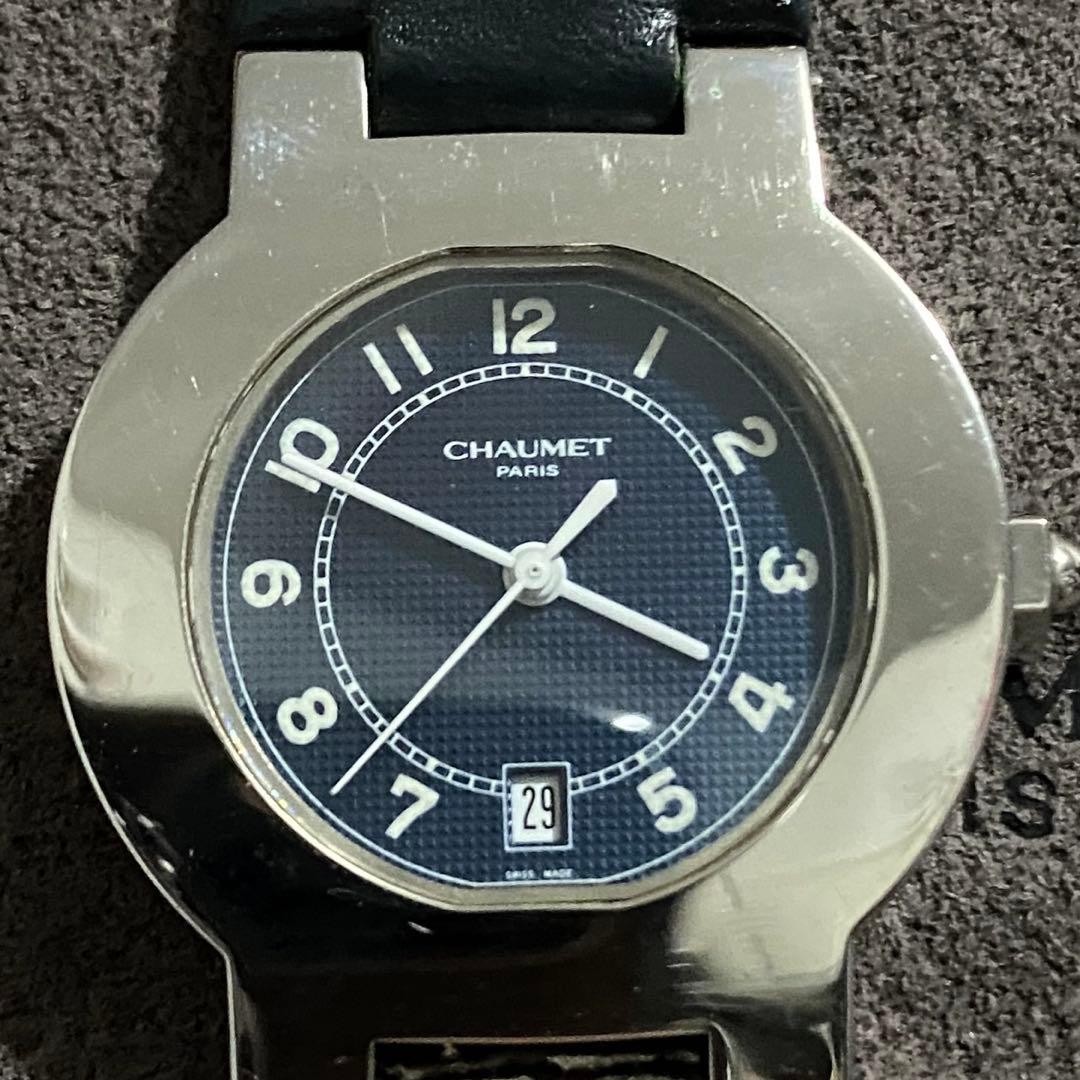 Chaumet Unisex Navy Silver Leather Quartz Watch 30mm Vintage Condition