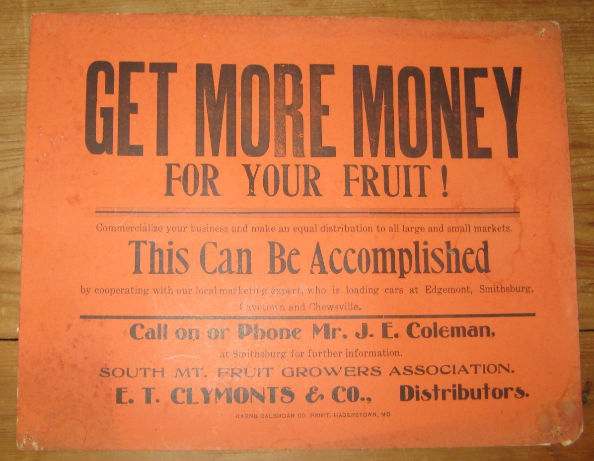 c1920 Paper Board Sign, South Mountain Fruit Growers Association, Washington Co.