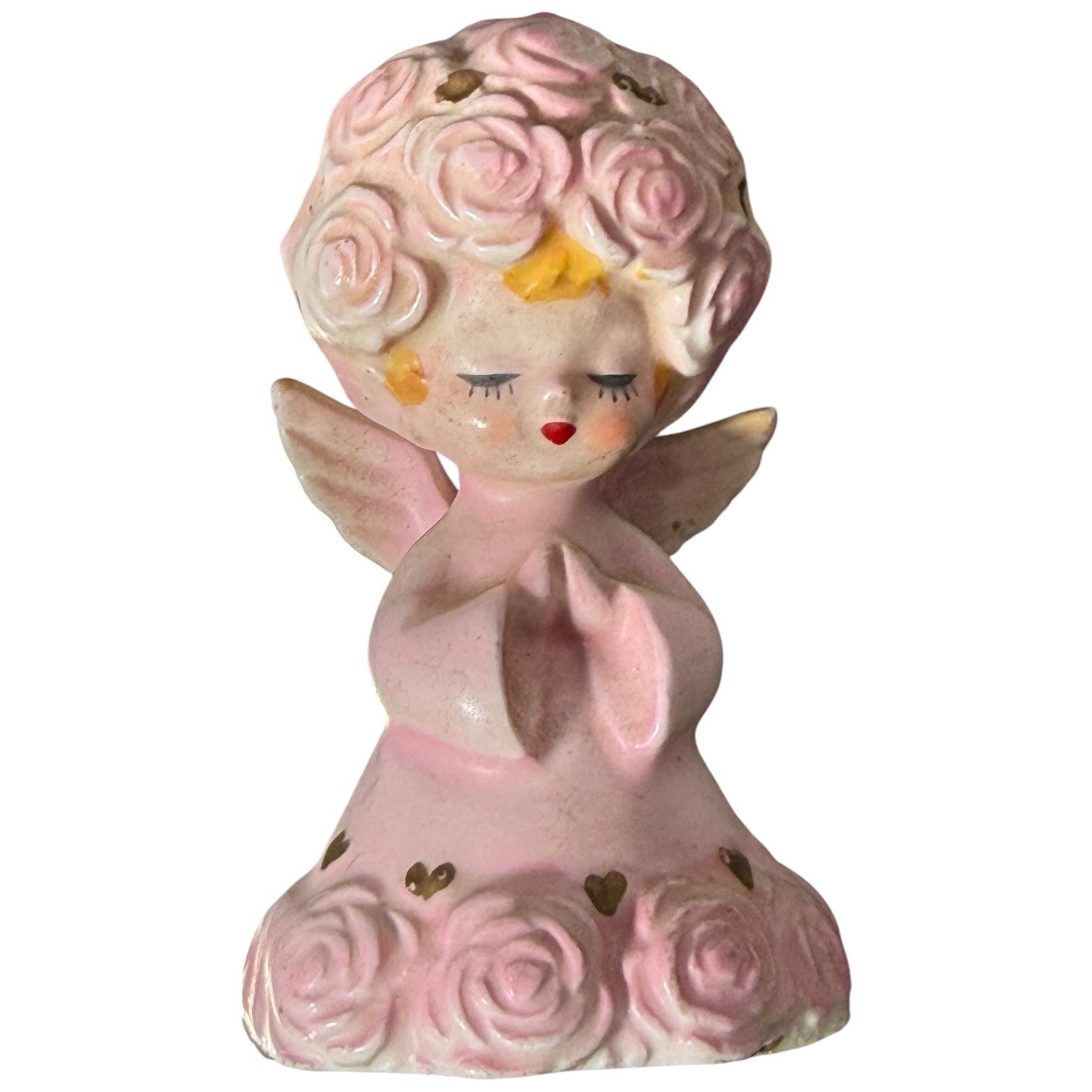 Vintage 1950s Lefton Rose Angel Bell Praying Hands Pink Figurine Japan As Found