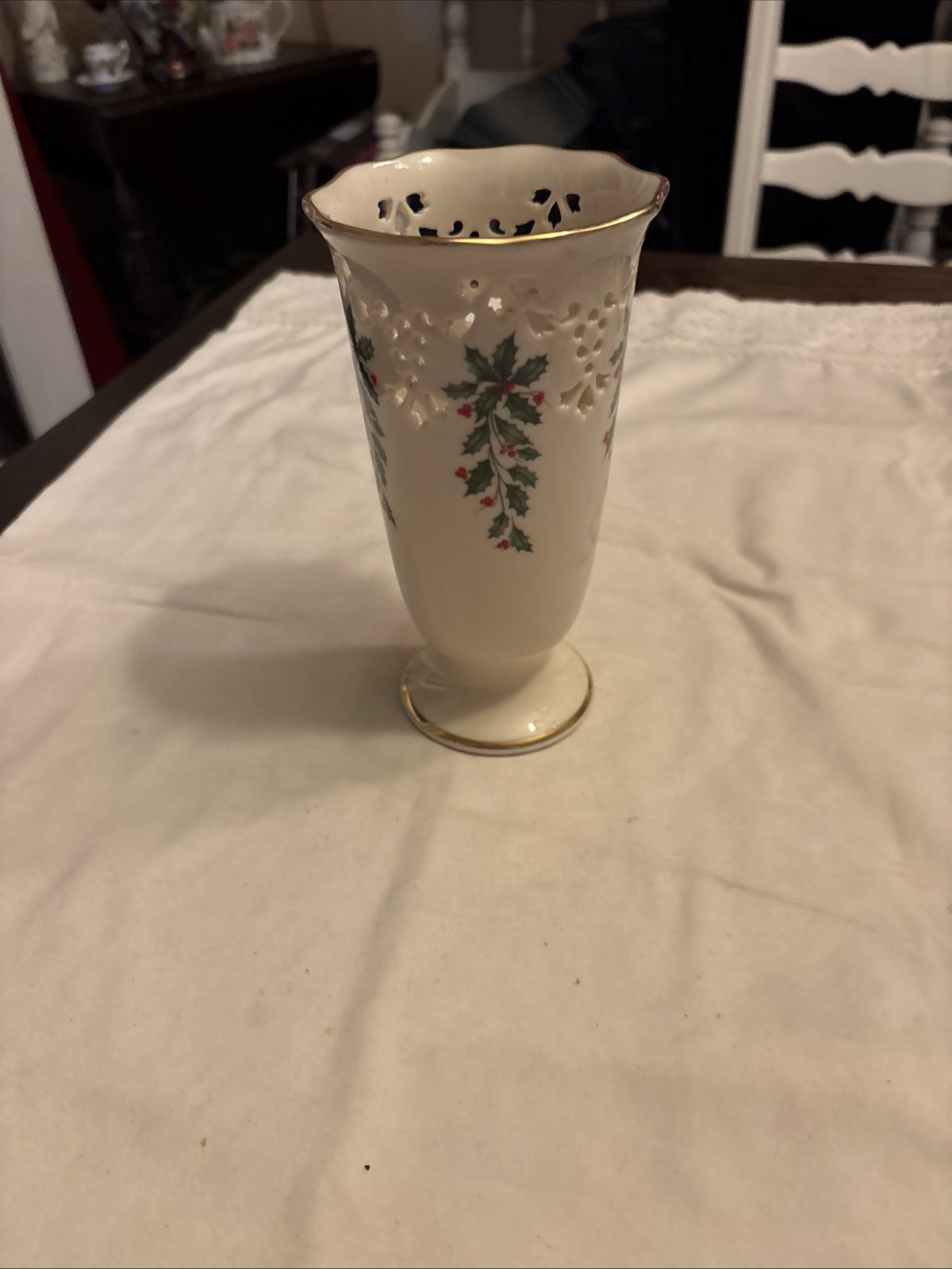 Lenox Holiday Pierced Vase 8.5” Tall Holly & Berry Motif With Gold Rim