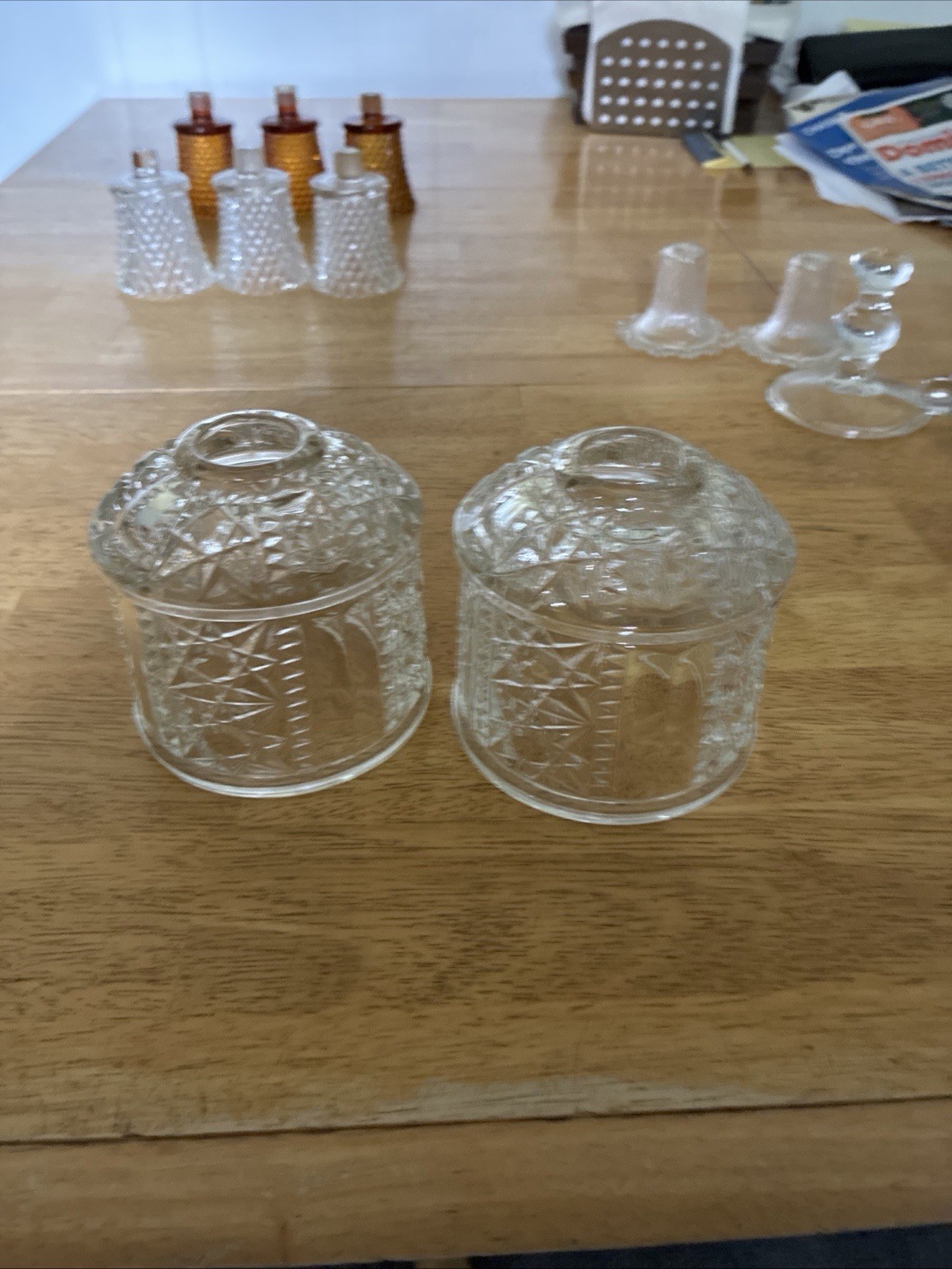Vintage Indiana Glass Amber Stars Bars Candle Holder Lamp Tops Only Set Of 2 Vintage Indiana Glass Amber Stars Bars Candle Holder Lamp Tops Only Set Of 2