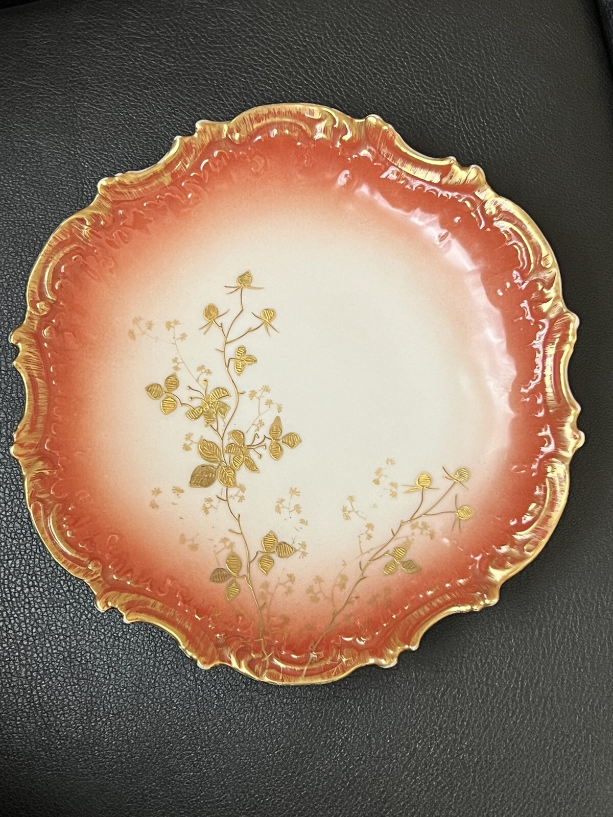 Antique Limoges Rococo Plate with Gold Paste Flowers c.1880-1890
