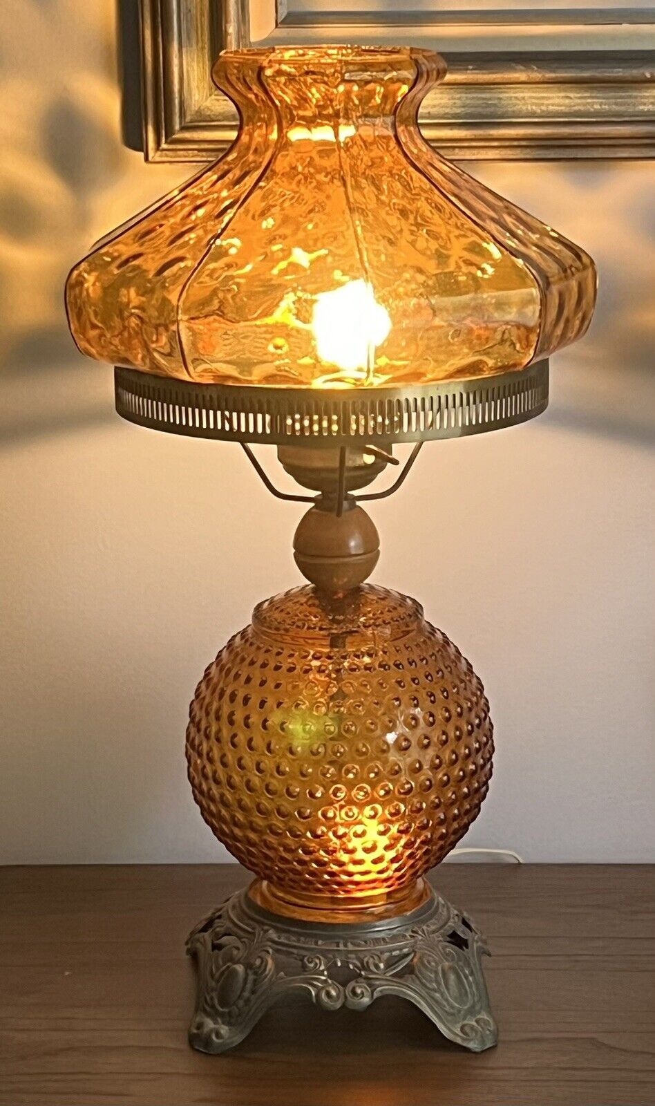 Vintage Amber Fenton Hurricane Lamp