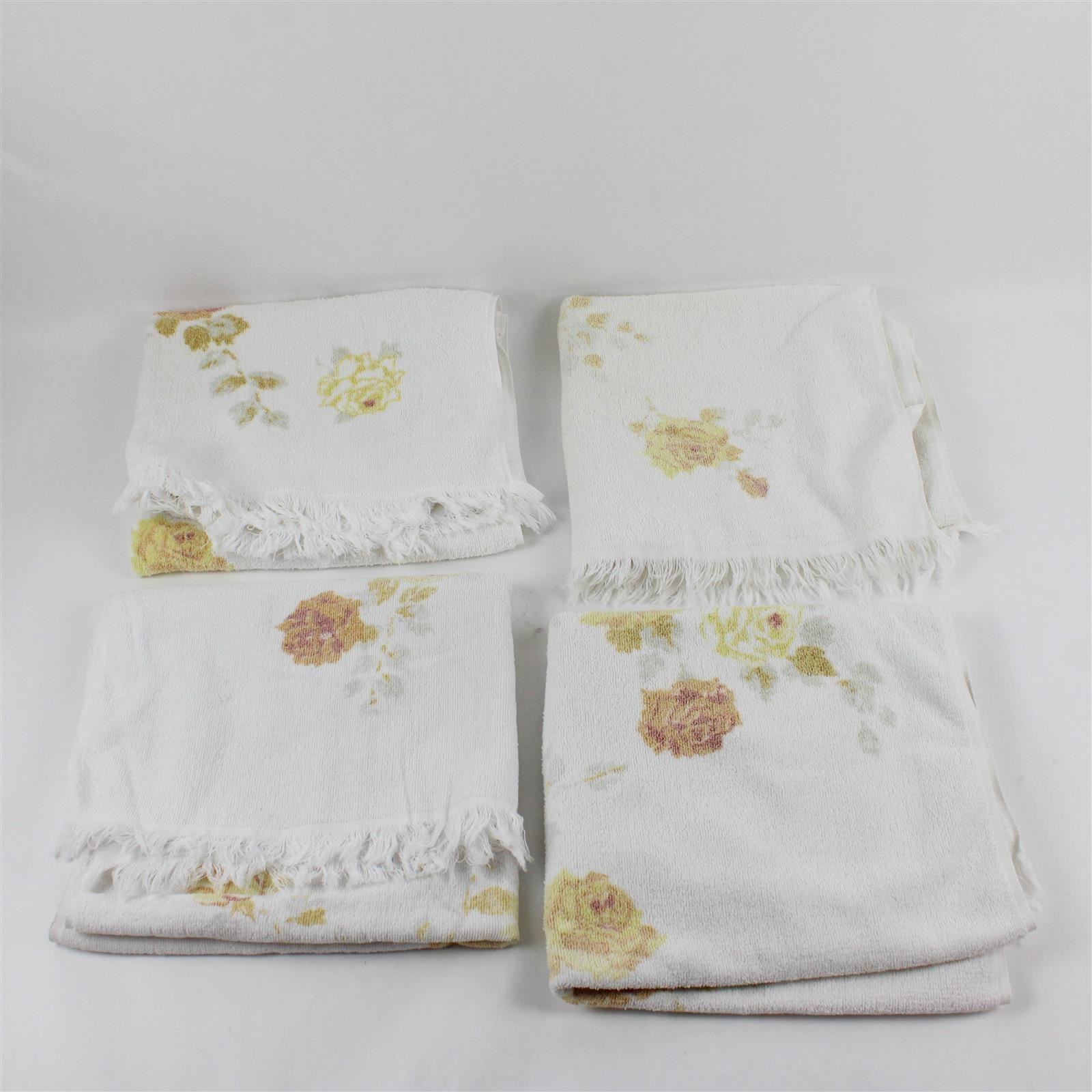 Set of 4 VTG Hope Fashions Yellow Rose Pattern White Cotton Bath Towels FLAWED Set of 4 VTG Hope Fashions Yellow Rose Pattern White Cotton Bath Towels FLAWED