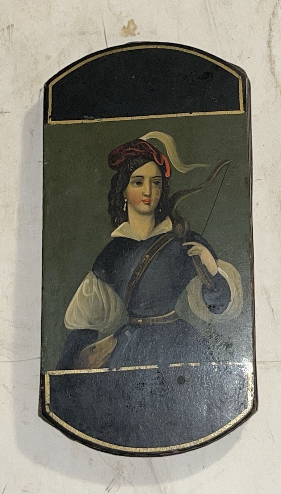 Wonderful 18th C. Antique Lacquered Lady Archer Portrait Wood Tobacco Snuff Box