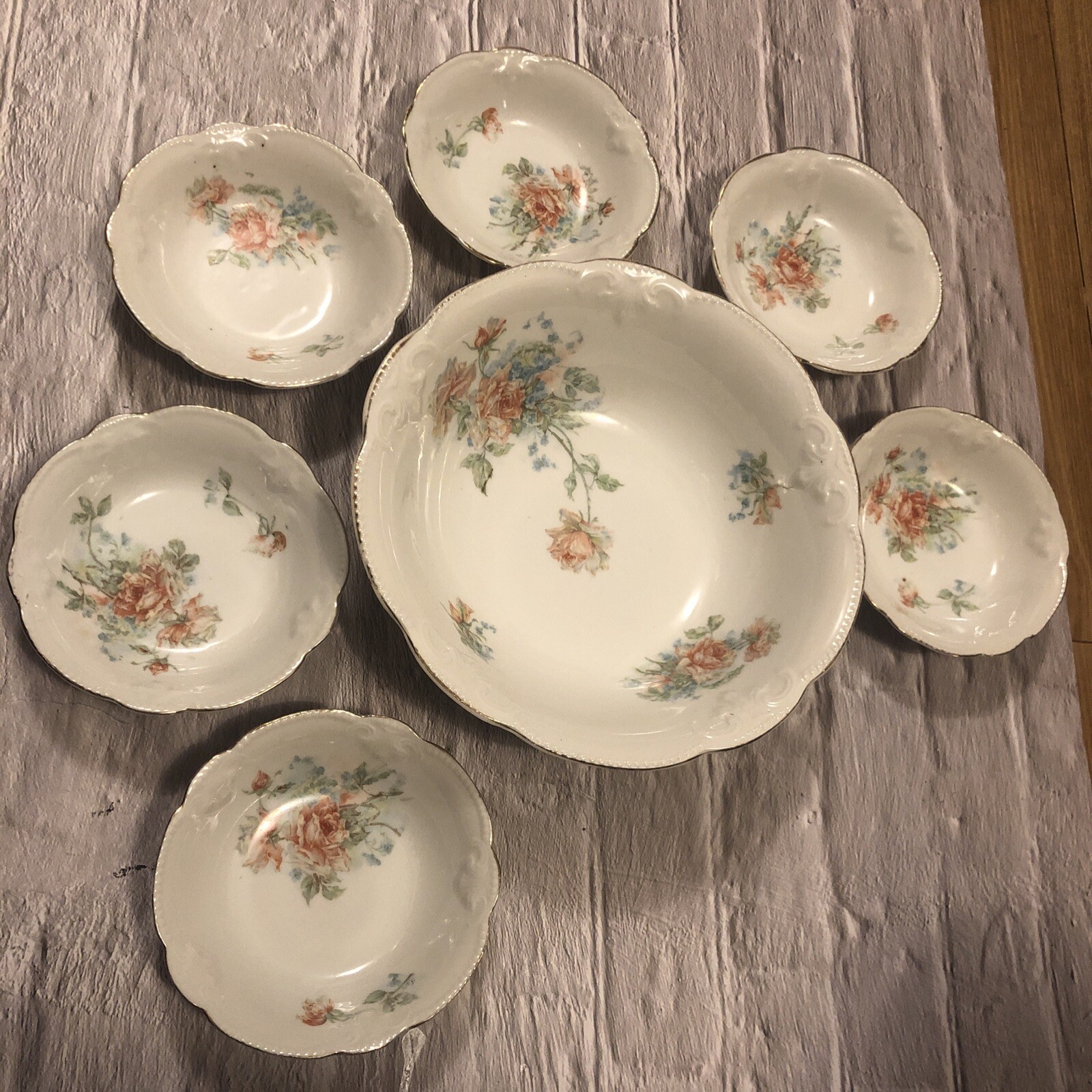 Antique Lot of 7 Bowl Porcelain Dishes - Pink Rose - Gold Rim Trim