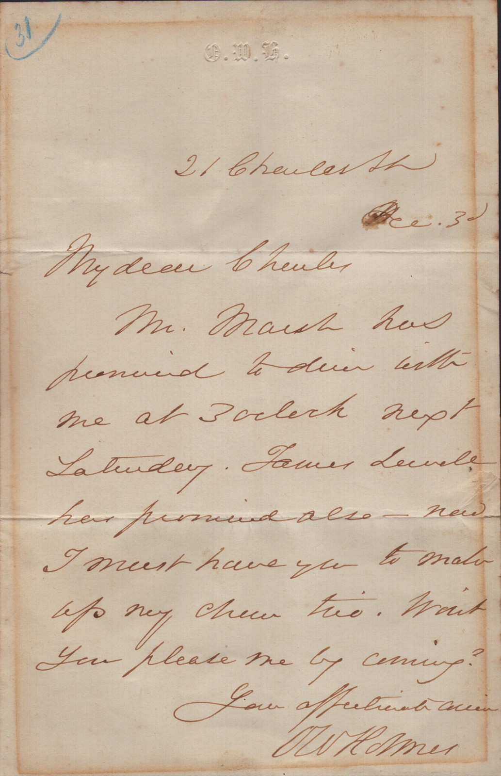 OLIVER WENDELL HOLMES SR. - AUTOGRAPH LETTER SIGNED 12/30