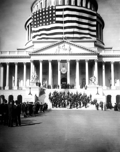 Parade and Large flag at United States Capitol circa early 1900s Old Photo